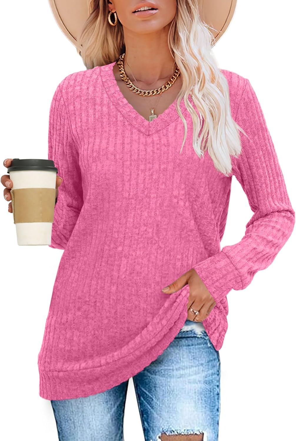 Women V Neck Long Sleeve Shirt Casual Fall Top Lightweight Tunic Sweater Clothes - Picture 61 of 128