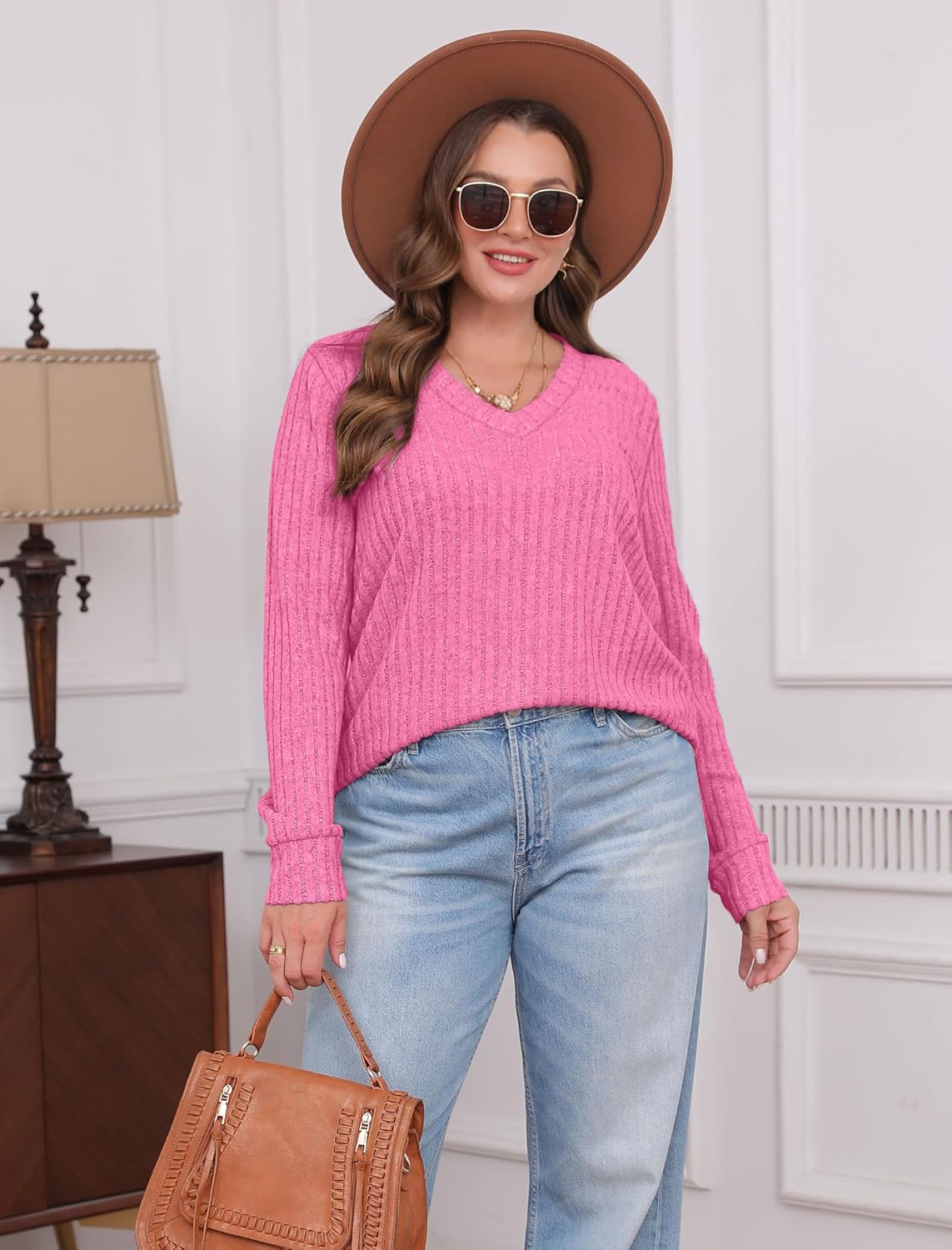 Women V Neck Long Sleeve Shirt Casual Fall Top Lightweight Tunic Sweater Clothes - Picture 62 of 128