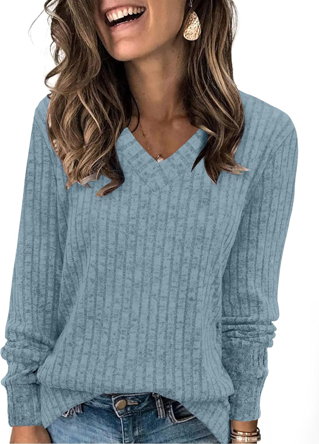 Women V Neck Long Sleeve Shirt Casual Fall Top Lightweight Tunic Sweater Clothes - Picture 64 of 128