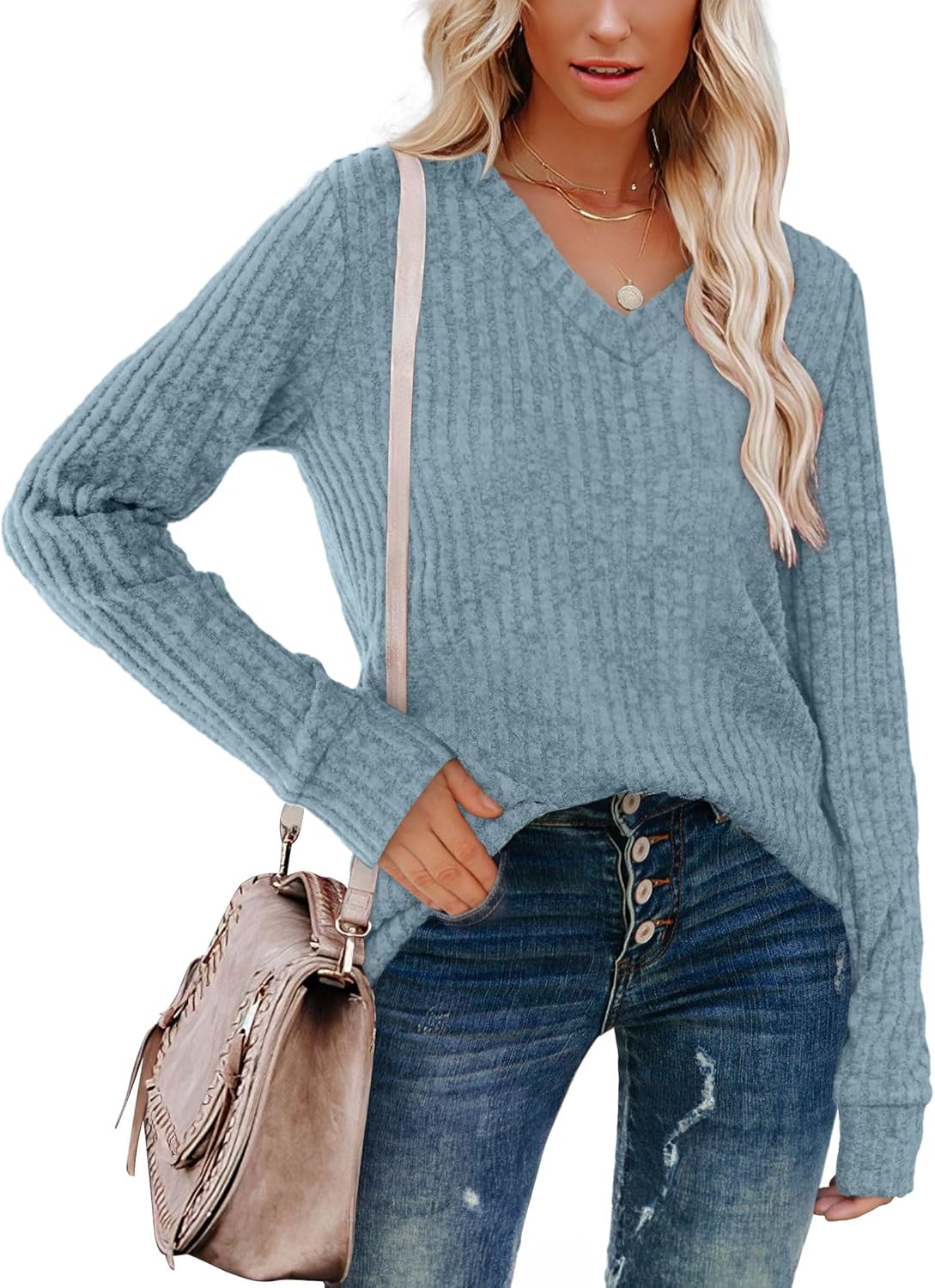 Women V Neck Long Sleeve Shirt Casual Fall Top Lightweight Tunic Sweater Clothes - Picture 65 of 128