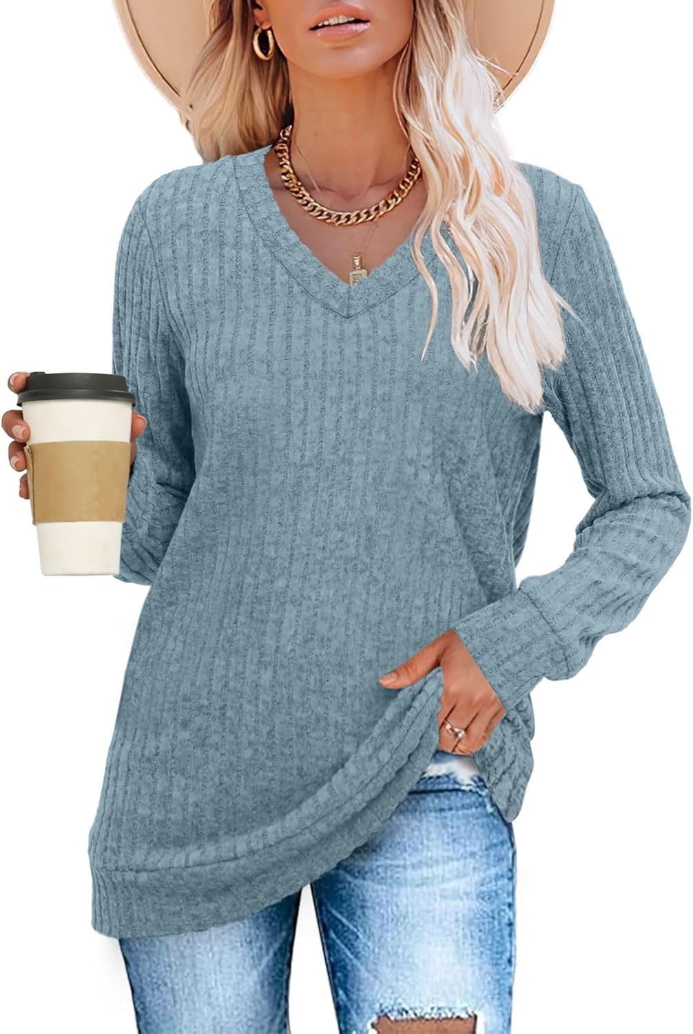 Women V Neck Long Sleeve Shirt Casual Fall Top Lightweight Tunic Sweater Clothes - Picture 66 of 128