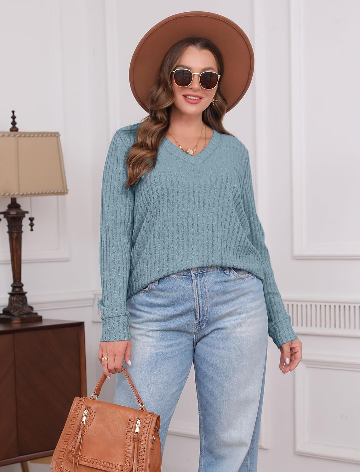 Women V Neck Long Sleeve Shirt Casual Fall Top Lightweight Tunic Sweater Clothes - Picture 67 of 128