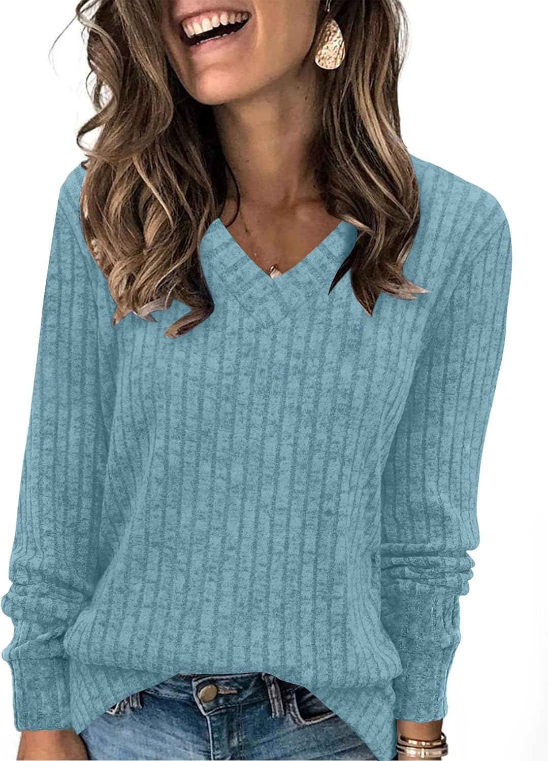 Women V Neck Long Sleeve Shirt Casual Fall Top Lightweight Tunic Sweater Clothes - Picture 69 of 128