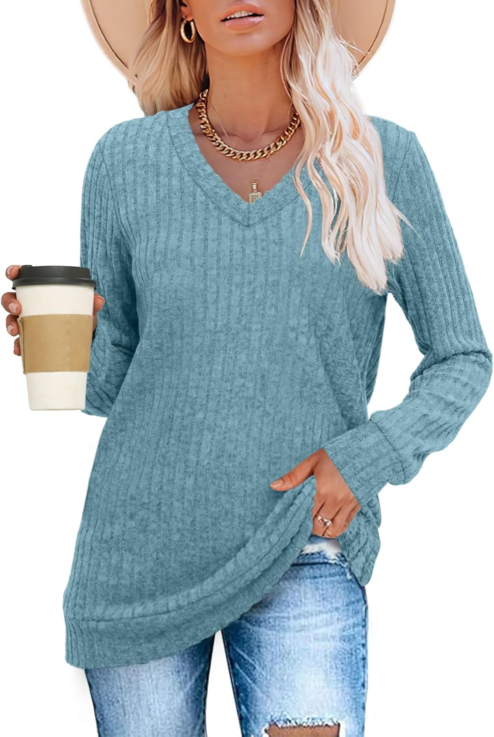 Women V Neck Long Sleeve Shirt Casual Fall Top Lightweight Tunic Sweater Clothes - Picture 71 of 128