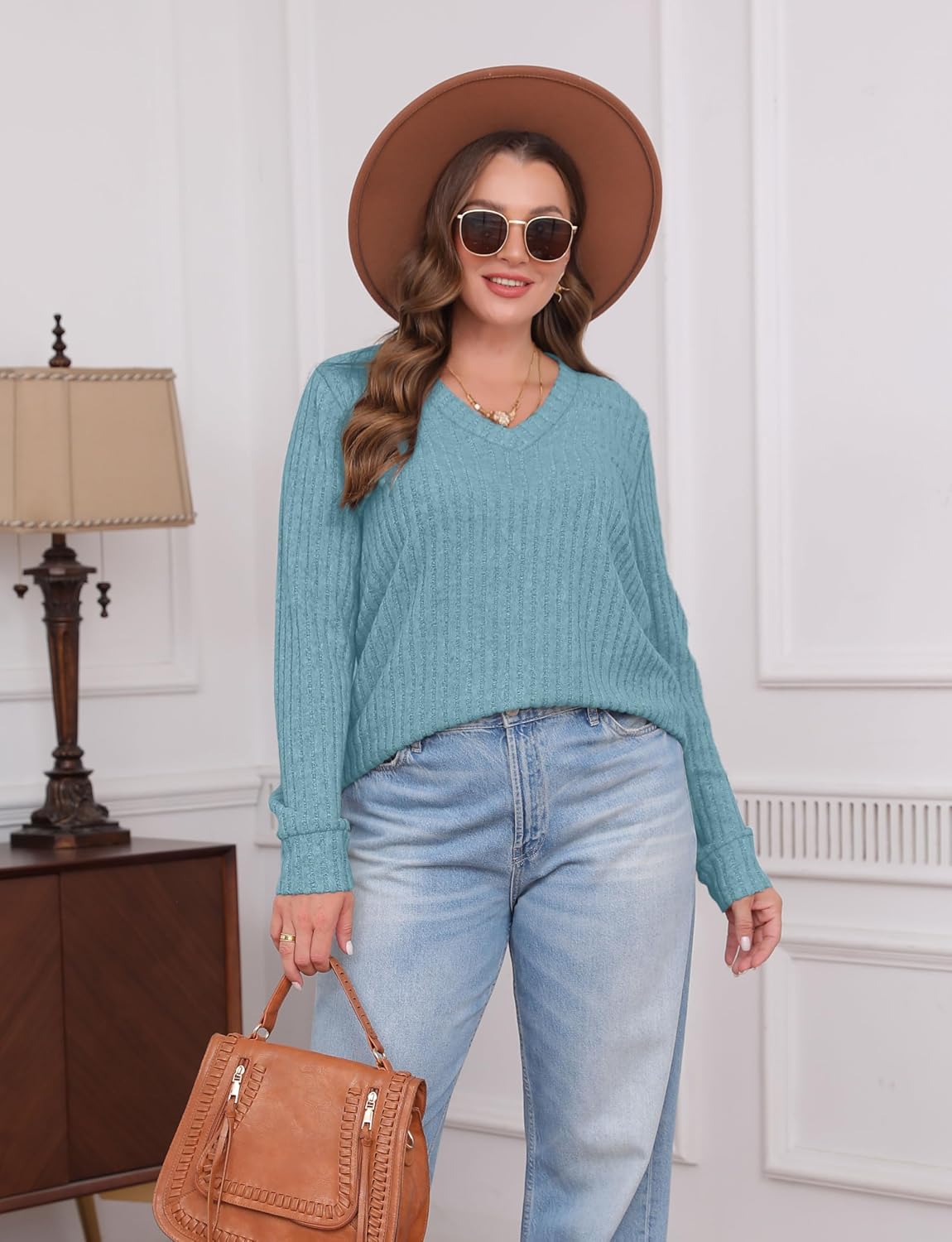 Women V Neck Long Sleeve Shirt Casual Fall Top Lightweight Tunic Sweater Clothes - Picture 72 of 128