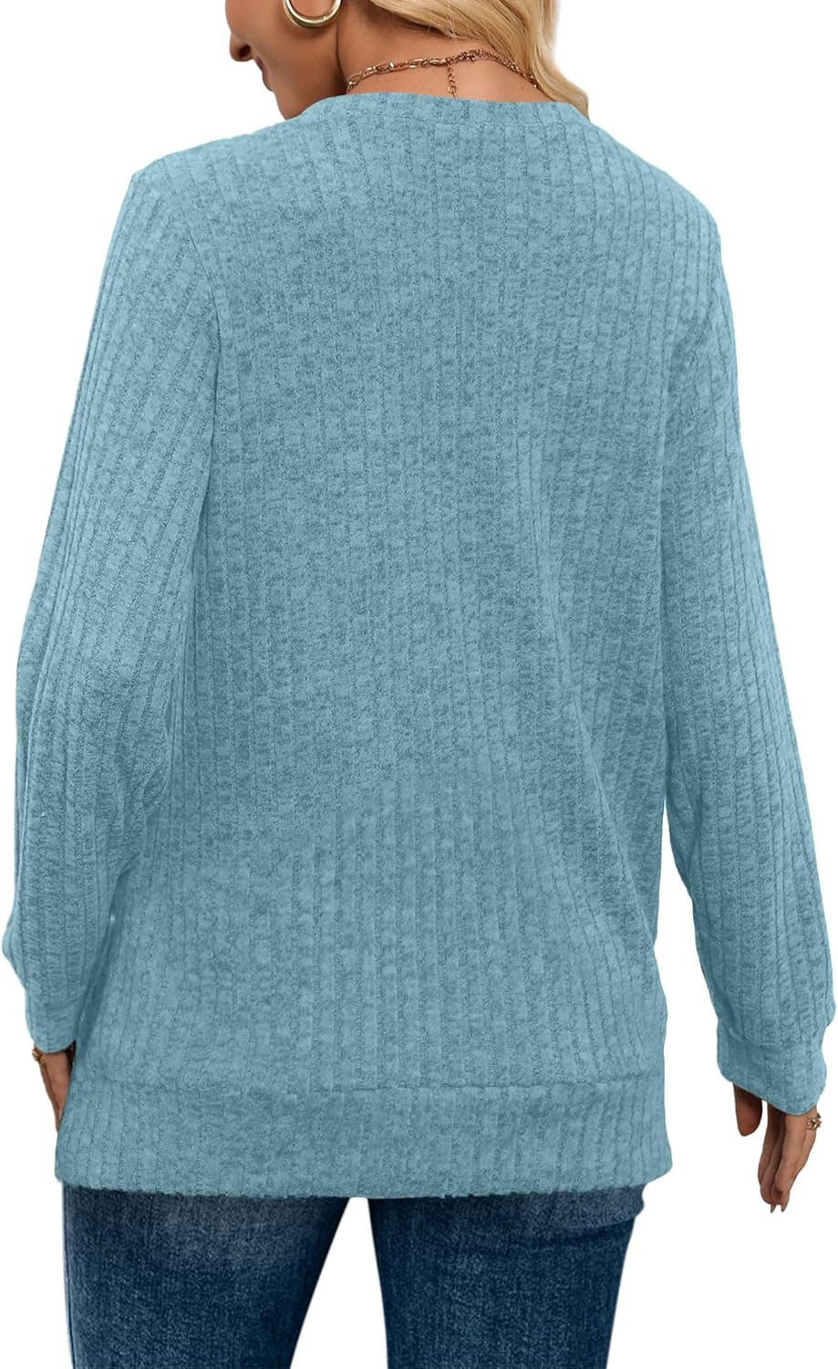 Women V Neck Long Sleeve Shirt Casual Fall Top Lightweight Tunic Sweater Clothes - Picture 73 of 128