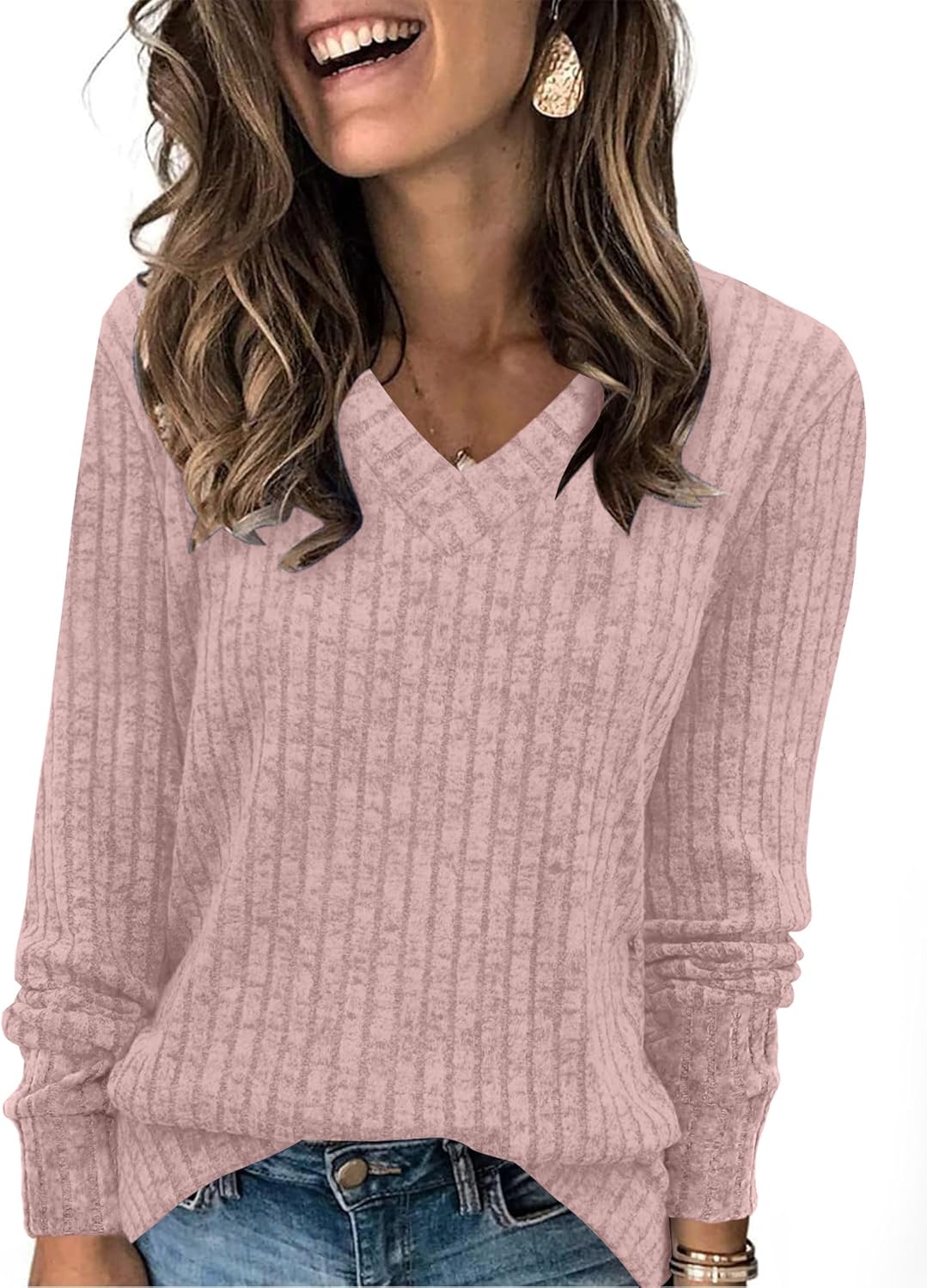 Women V Neck Long Sleeve Shirt Casual Fall Top Lightweight Tunic Sweater Clothes - Picture 74 of 128