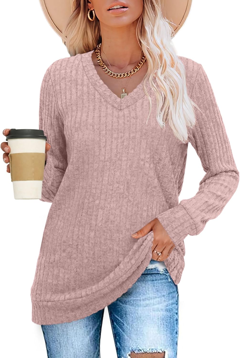 Women V Neck Long Sleeve Shirt Casual Fall Top Lightweight Tunic Sweater Clothes - Picture 76 of 128