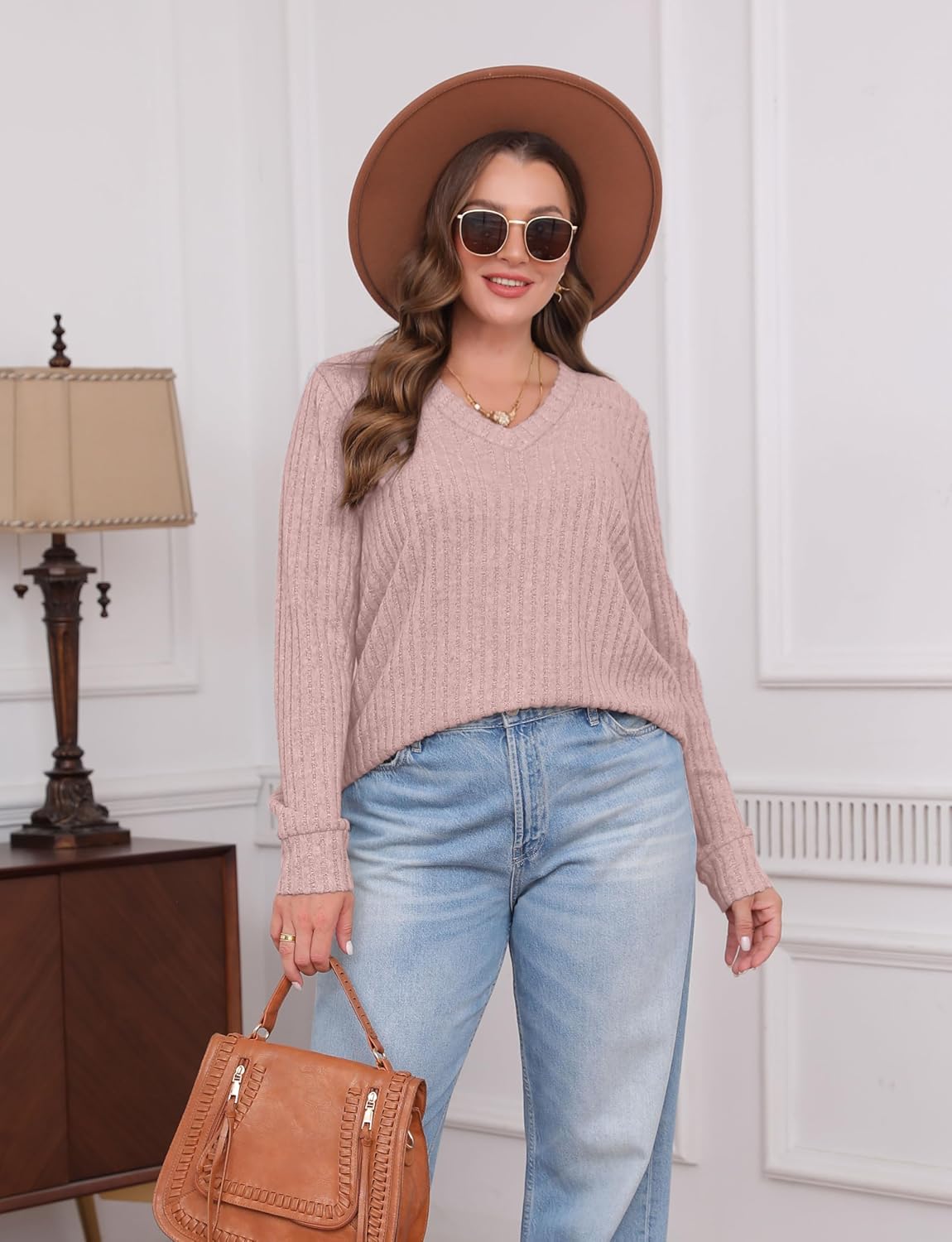 Women V Neck Long Sleeve Shirt Casual Fall Top Lightweight Tunic Sweater Clothes - Picture 77 of 128