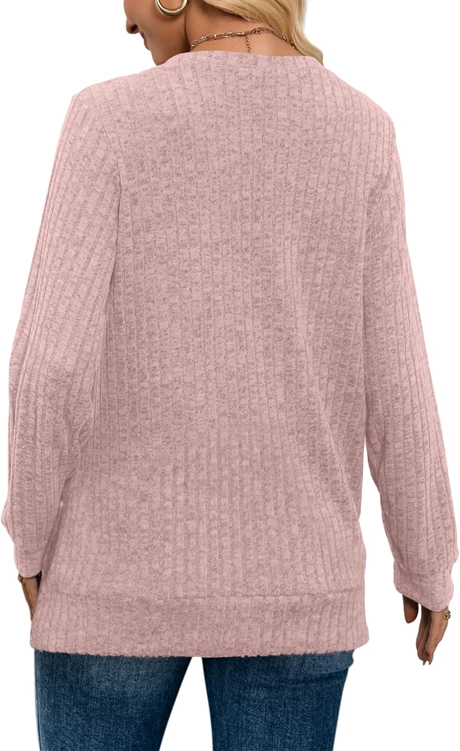 Women V Neck Long Sleeve Shirt Casual Fall Top Lightweight Tunic Sweater Clothes - Picture 78 of 128