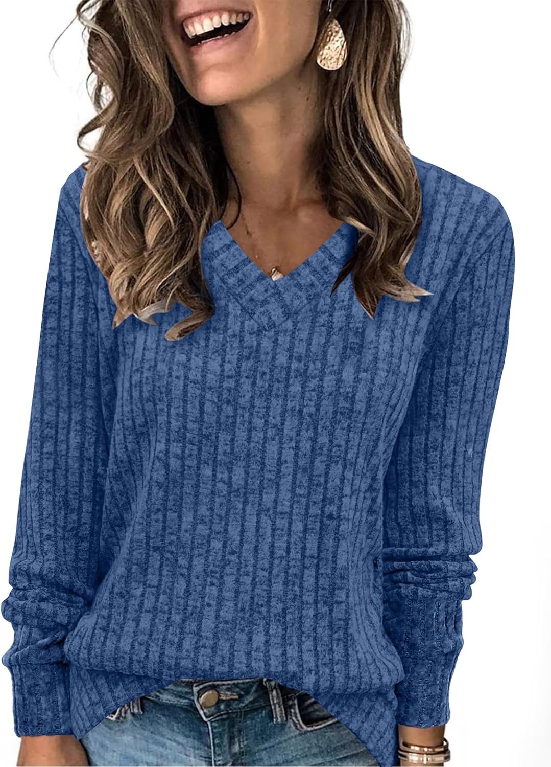 Women V Neck Long Sleeve Shirt Casual Fall Top Lightweight Tunic Sweater Clothes - Picture 79 of 128