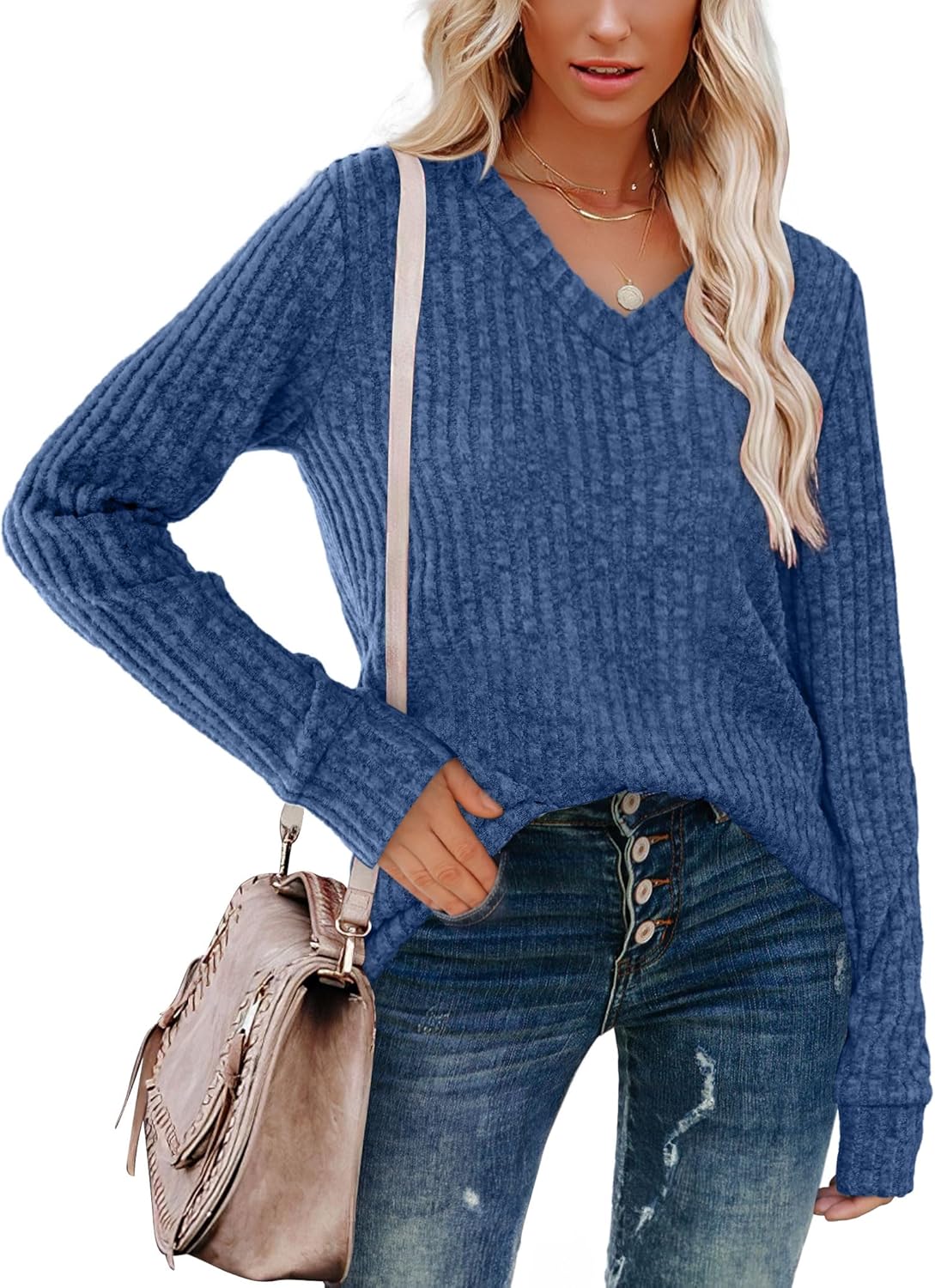 Women V Neck Long Sleeve Shirt Casual Fall Top Lightweight Tunic Sweater Clothes - Picture 80 of 128