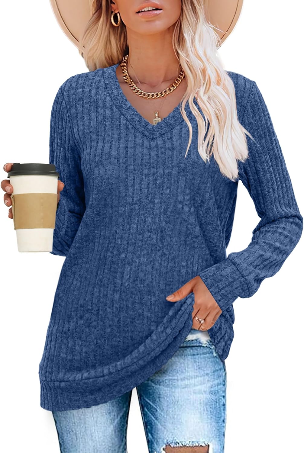 Women V Neck Long Sleeve Shirt Casual Fall Top Lightweight Tunic Sweater Clothes - Picture 81 of 128