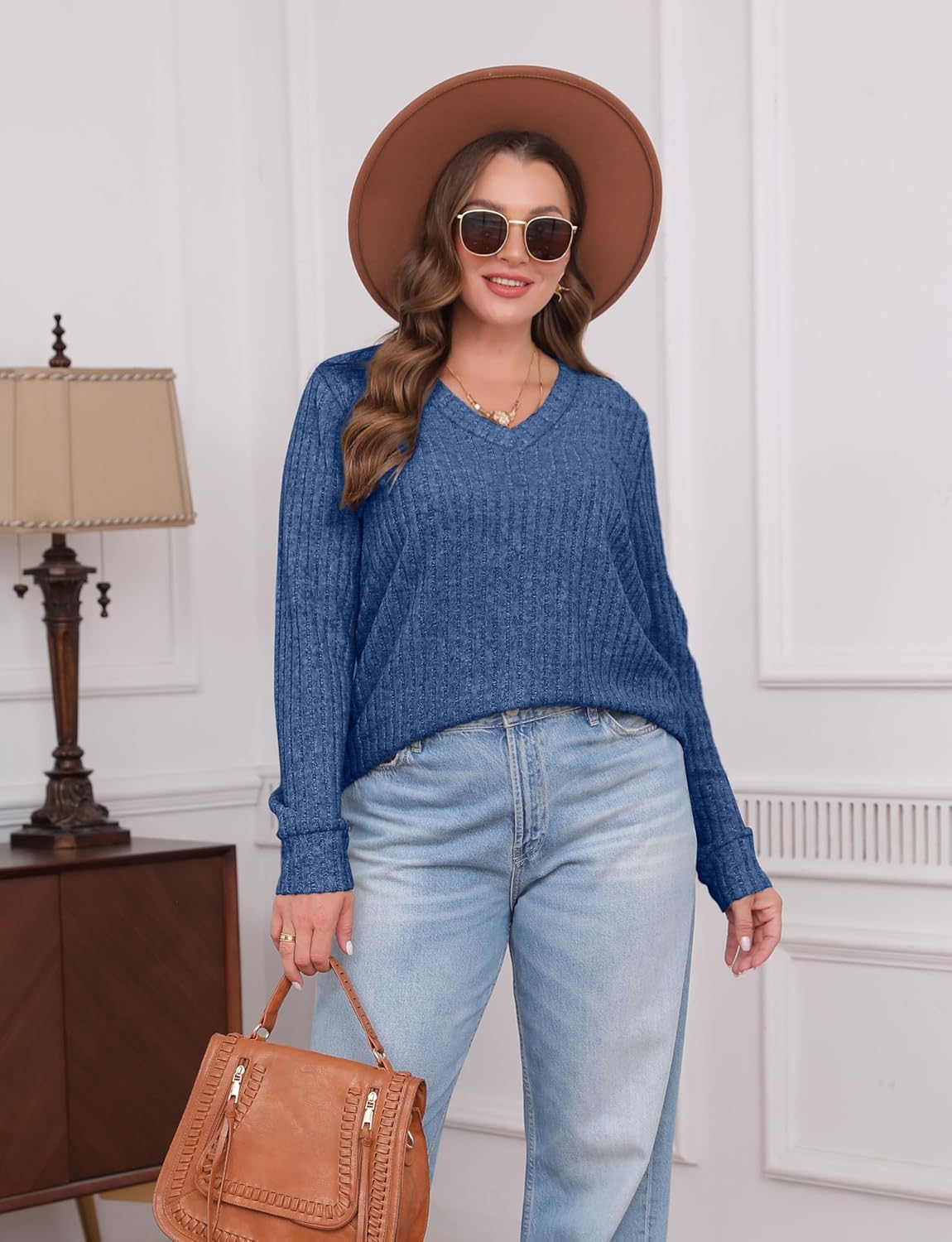 Women V Neck Long Sleeve Shirt Casual Fall Top Lightweight Tunic Sweater Clothes - Picture 82 of 128