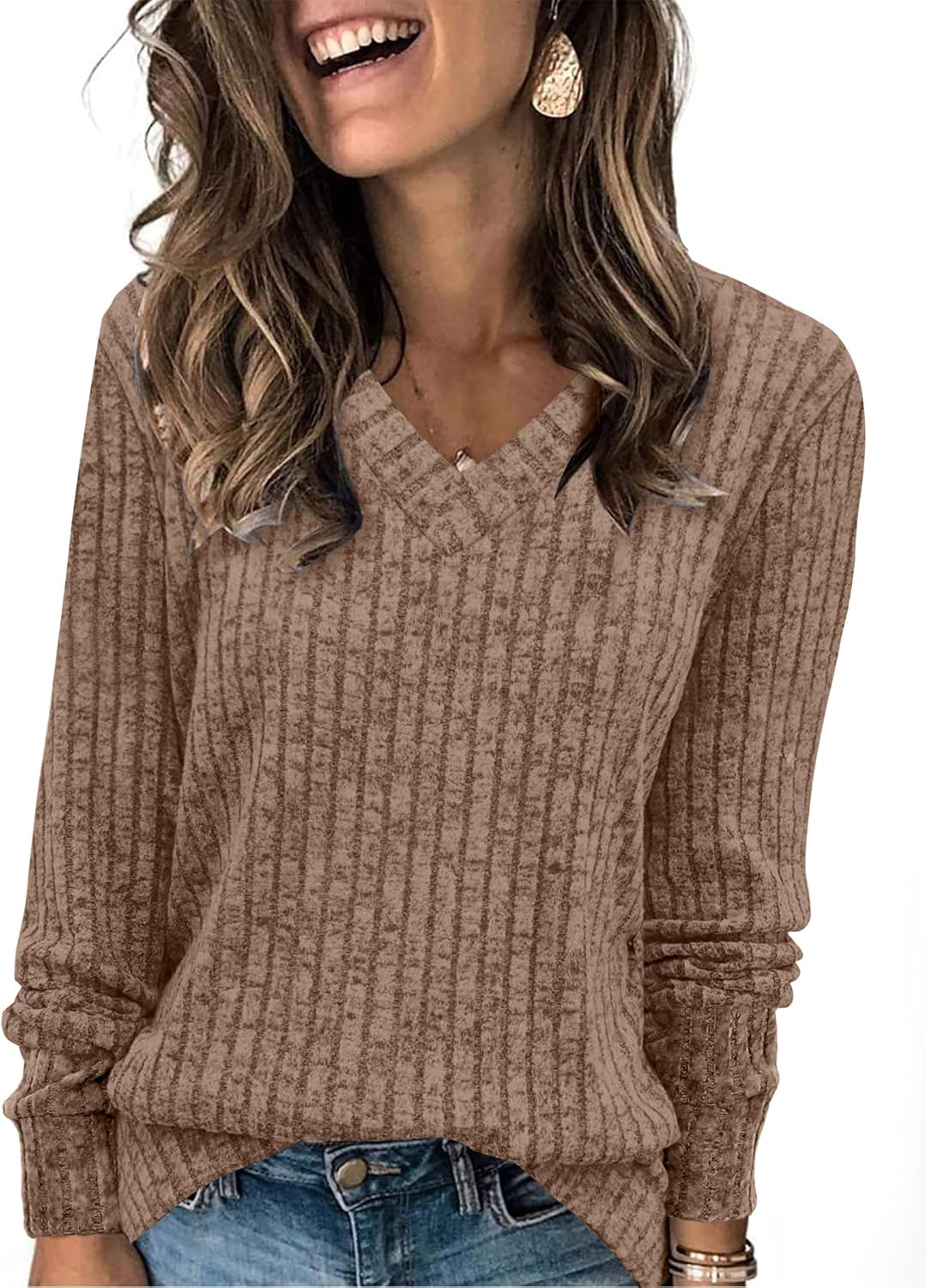 Women V Neck Long Sleeve Shirt Casual Fall Top Lightweight Tunic Sweater Clothes - Picture 84 of 128