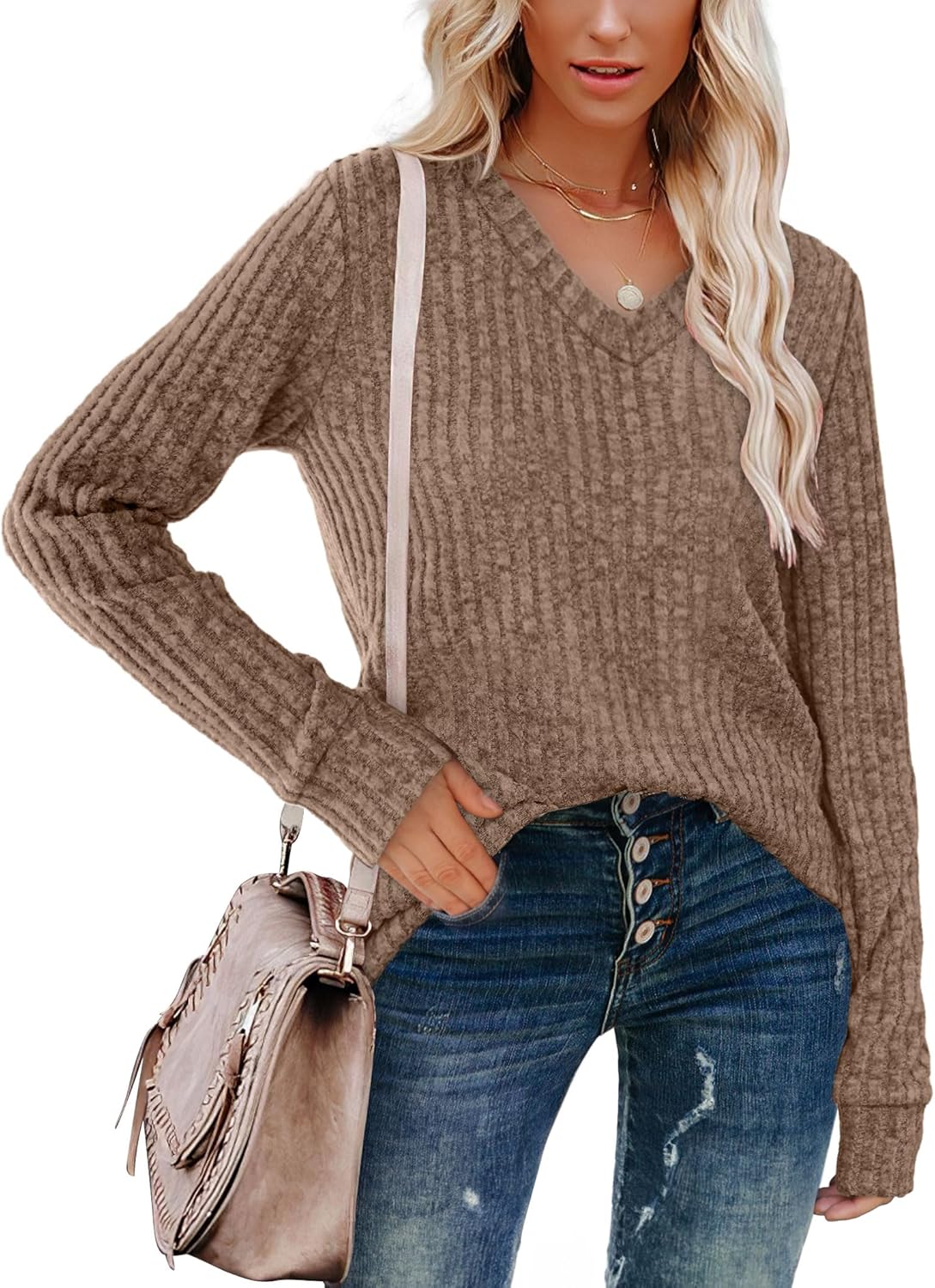 Women V Neck Long Sleeve Shirt Casual Fall Top Lightweight Tunic Sweater Clothes - Picture 85 of 128