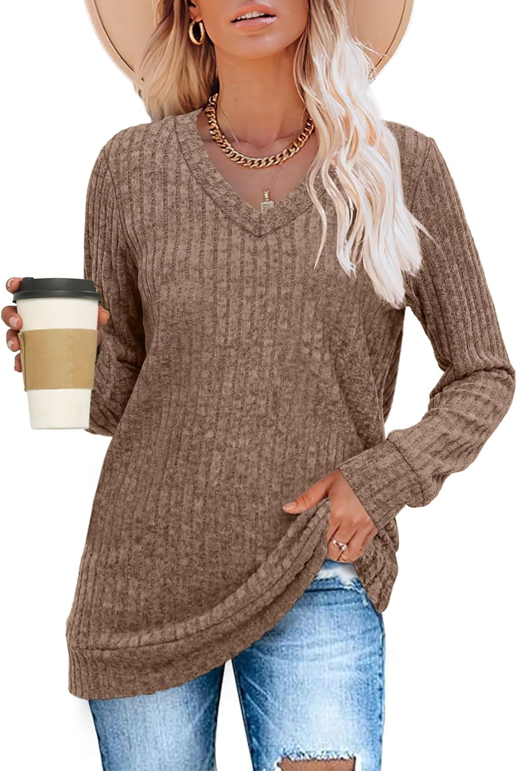 Women V Neck Long Sleeve Shirt Casual Fall Top Lightweight Tunic Sweater Clothes - Picture 86 of 128