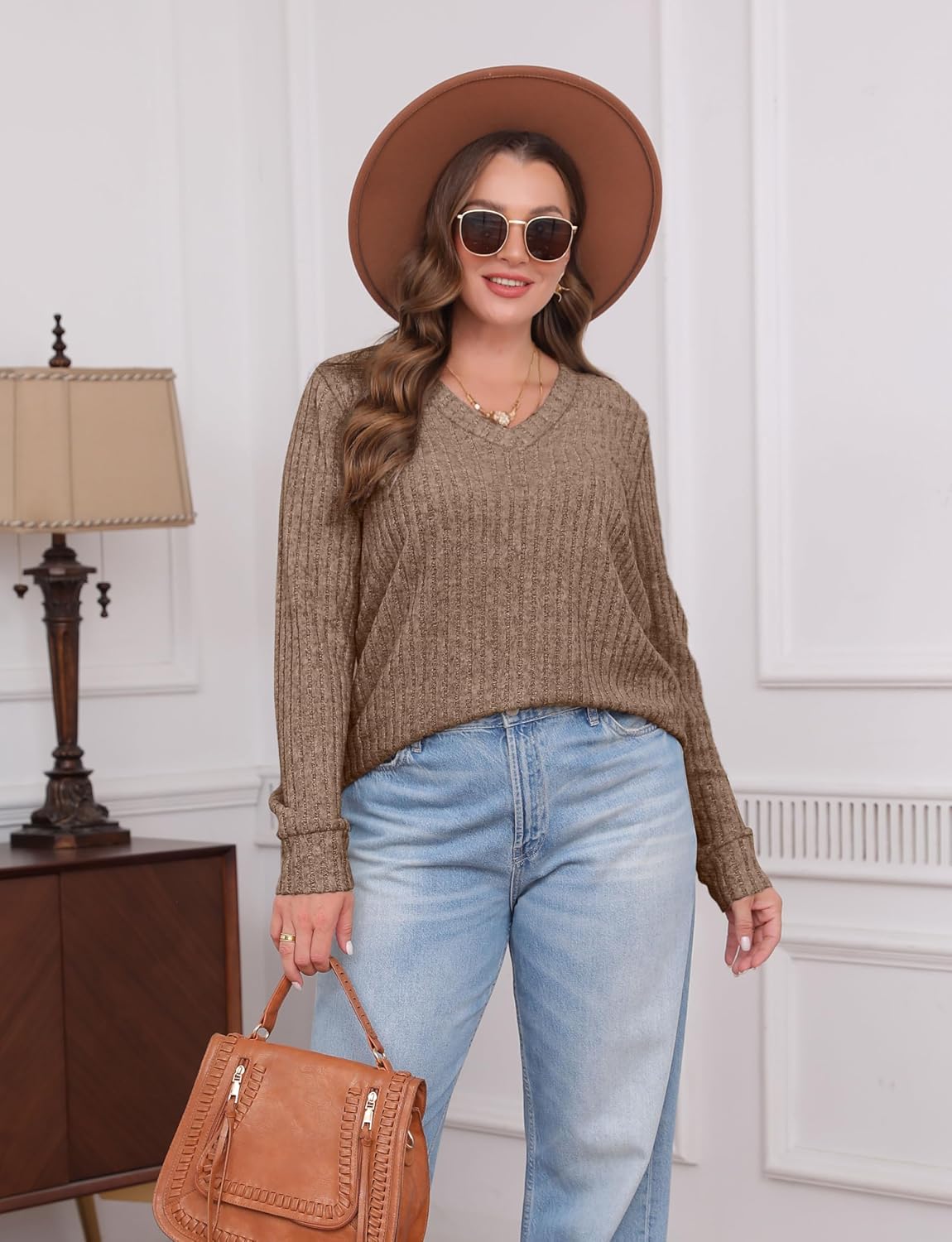 Women V Neck Long Sleeve Shirt Casual Fall Top Lightweight Tunic Sweater Clothes - Picture 87 of 128