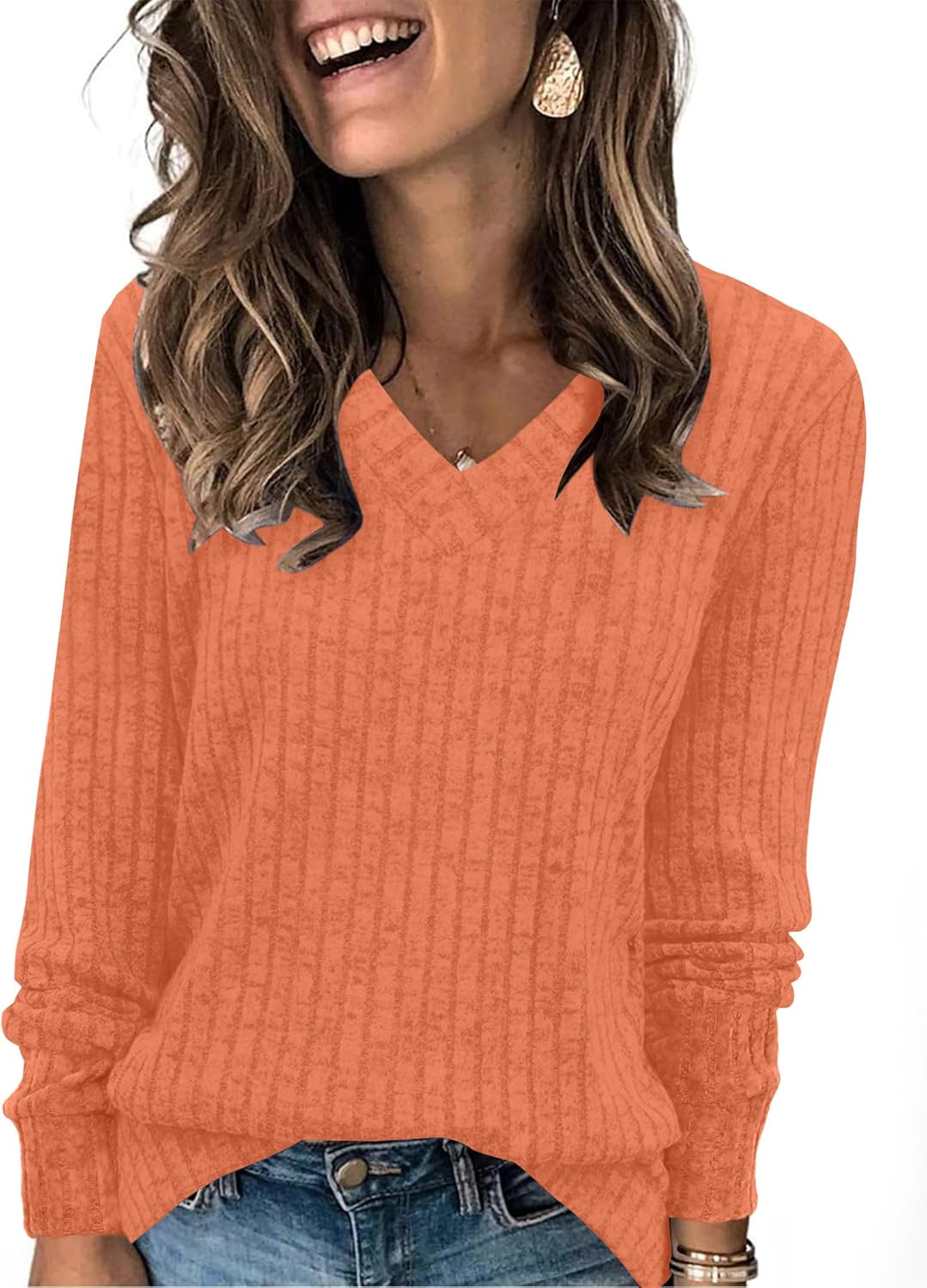 Women V Neck Long Sleeve Shirt Casual Fall Top Lightweight Tunic Sweater Clothes - Picture 89 of 128