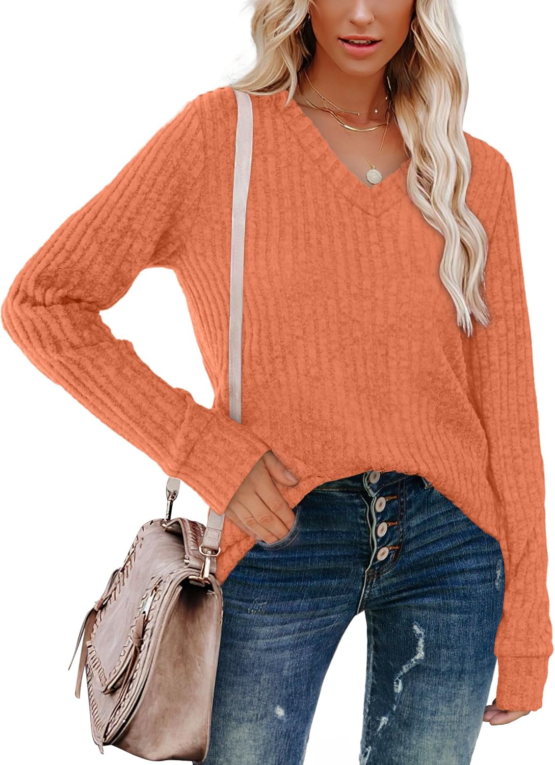 Women V Neck Long Sleeve Shirt Casual Fall Top Lightweight Tunic Sweater Clothes - Picture 90 of 128