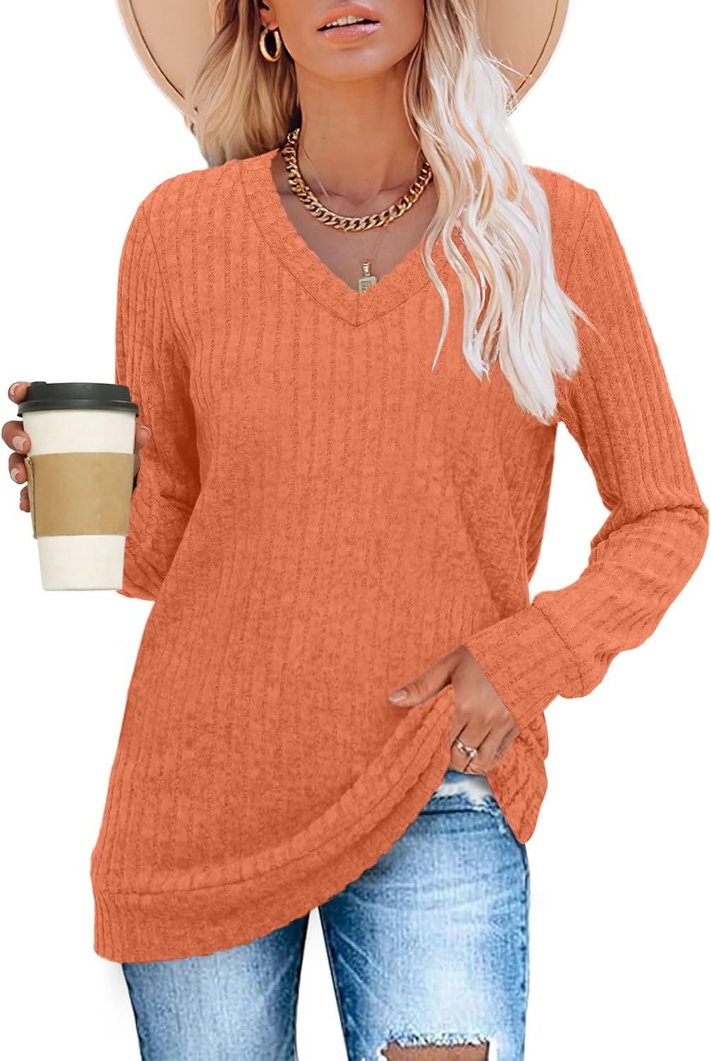 Women V Neck Long Sleeve Shirt Casual Fall Top Lightweight Tunic Sweater Clothes - Picture 91 of 128