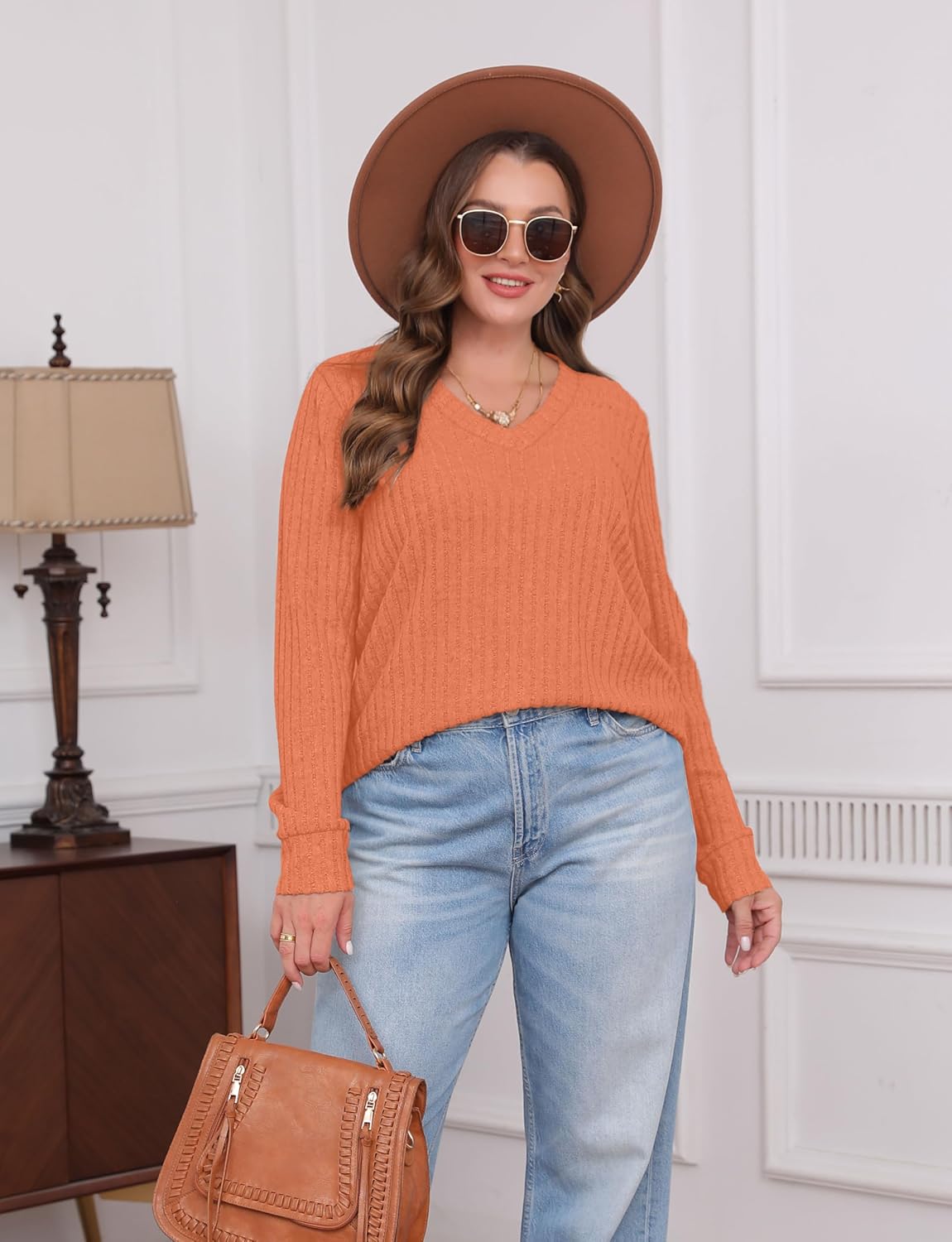 Women V Neck Long Sleeve Shirt Casual Fall Top Lightweight Tunic Sweater Clothes - Picture 92 of 128