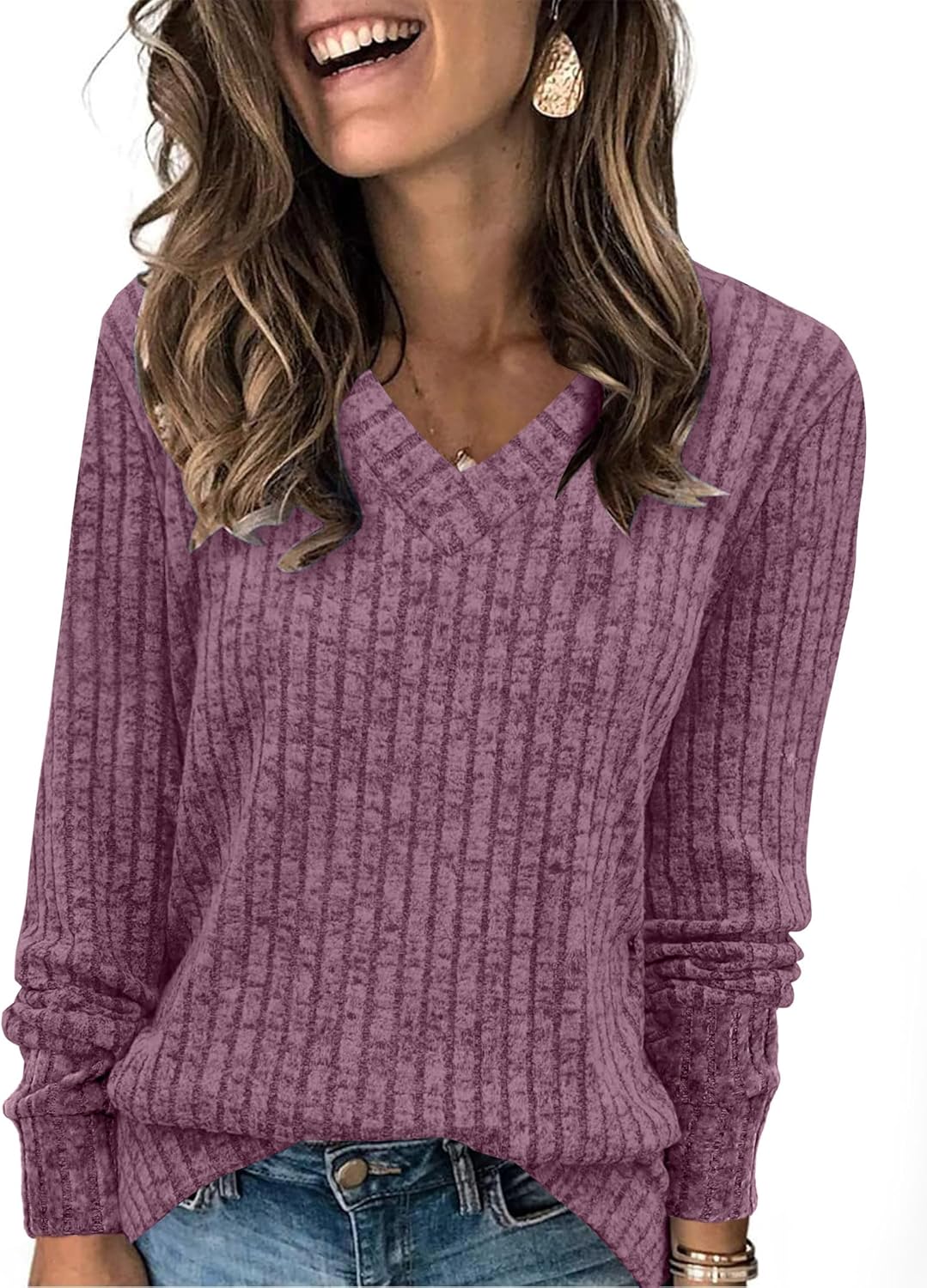 Women V Neck Long Sleeve Shirt Casual Fall Top Lightweight Tunic Sweater Clothes - Picture 94 of 128