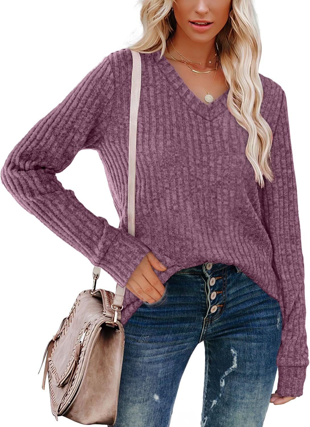 Women V Neck Long Sleeve Shirt Casual Fall Top Lightweight Tunic Sweater Clothes - Picture 95 of 128