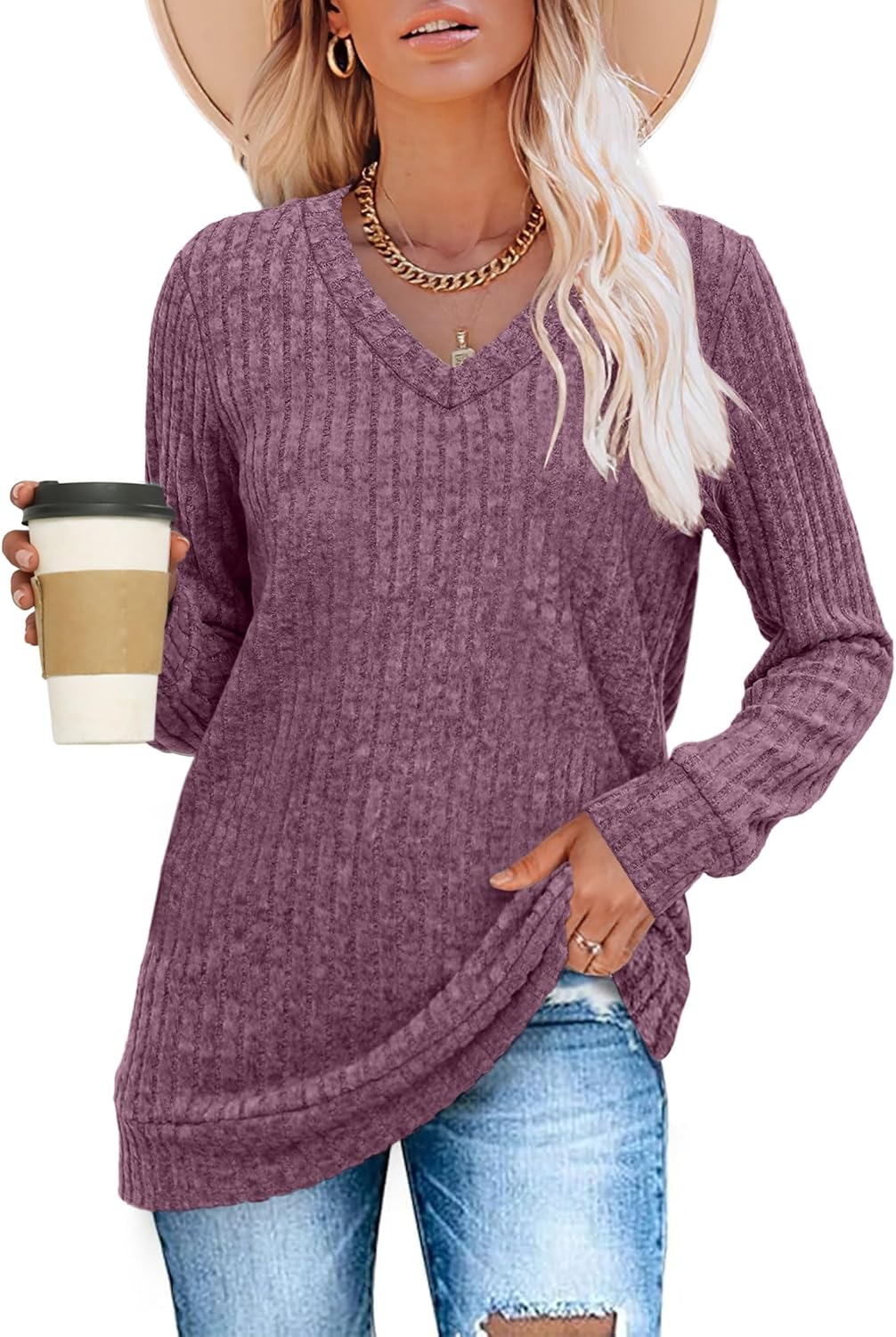 Women V Neck Long Sleeve Shirt Casual Fall Top Lightweight Tunic Sweater Clothes - Picture 96 of 128
