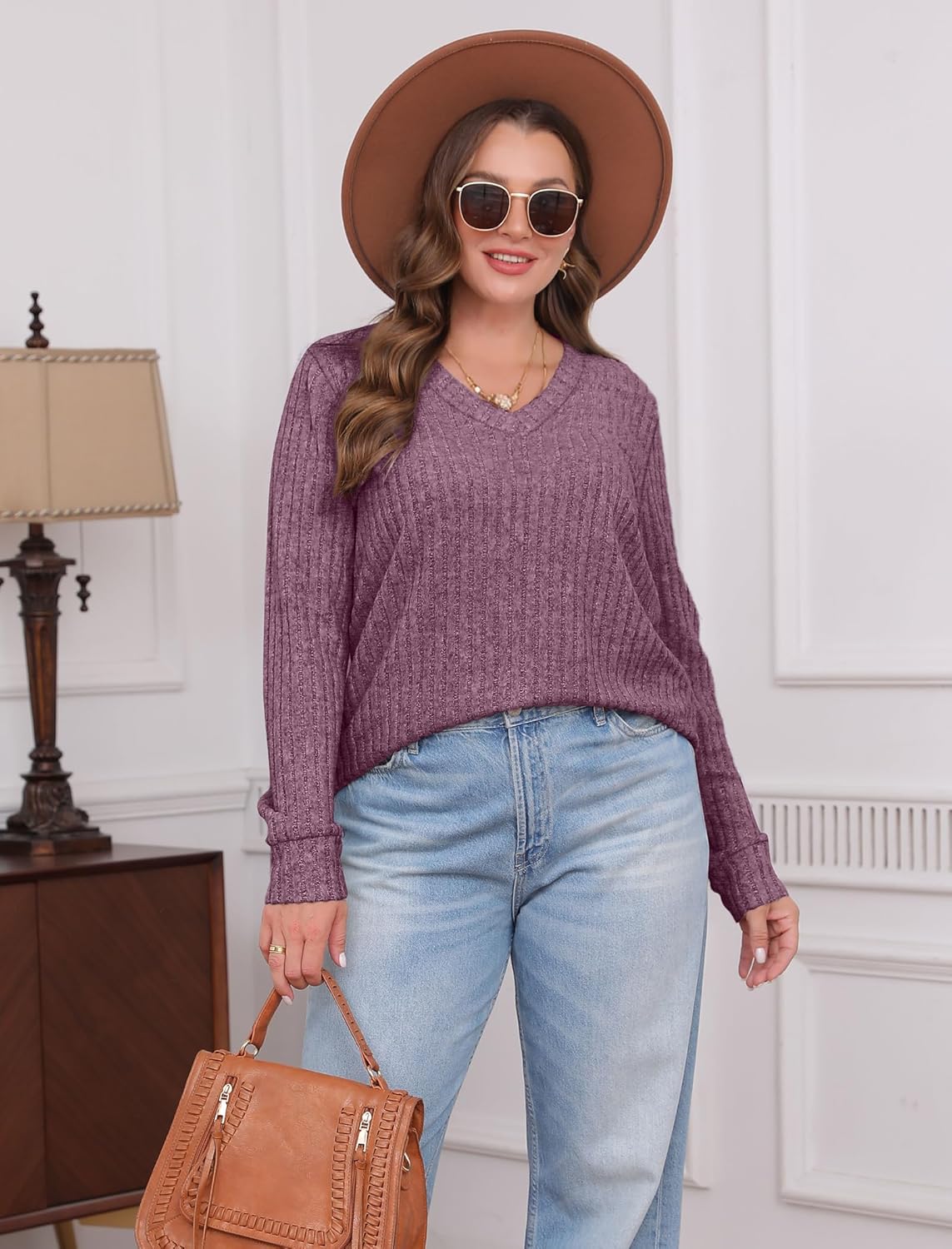 Women V Neck Long Sleeve Shirt Casual Fall Top Lightweight Tunic Sweater Clothes - Picture 97 of 128