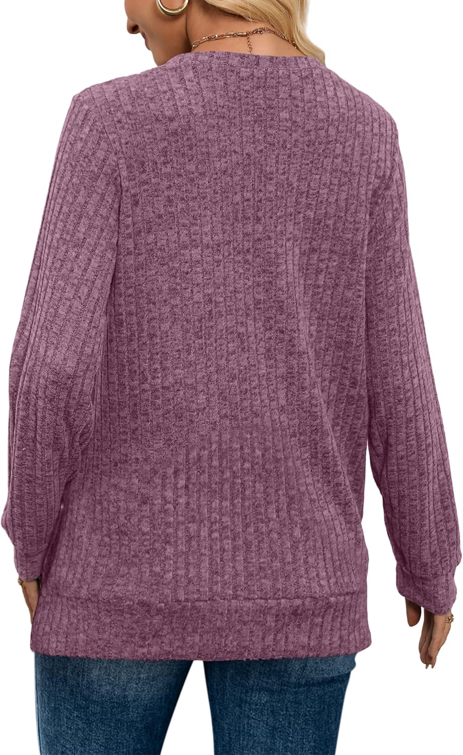 Women V Neck Long Sleeve Shirt Casual Fall Top Lightweight Tunic Sweater Clothes - Picture 98 of 128
