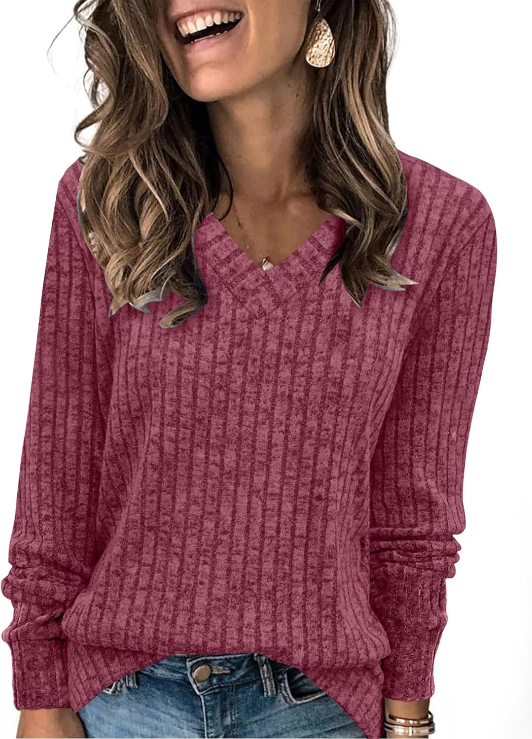 Women V Neck Long Sleeve Shirt Casual Fall Top Lightweight Tunic Sweater Clothes - Picture 99 of 128