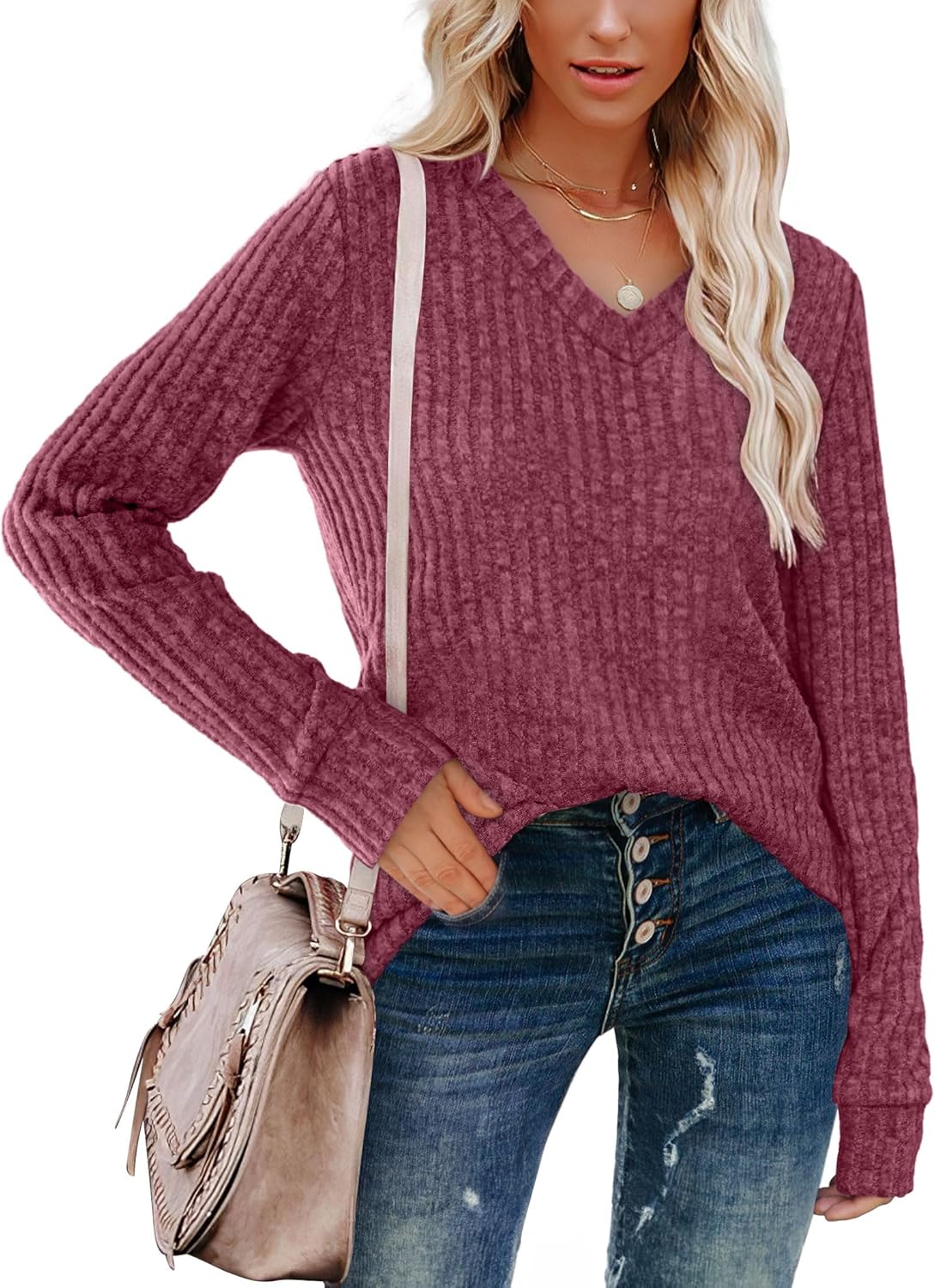 Women V Neck Long Sleeve Shirt Casual Fall Top Lightweight Tunic Sweater Clothes - Picture 100 of 128