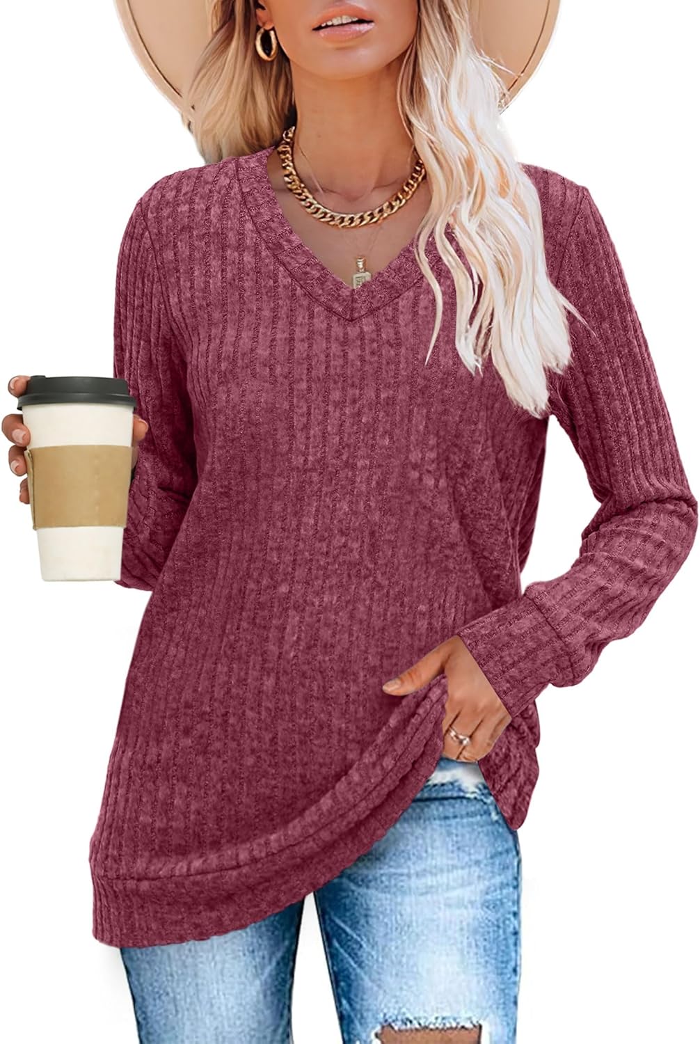 Women V Neck Long Sleeve Shirt Casual Fall Top Lightweight Tunic Sweater Clothes - Picture 101 of 128
