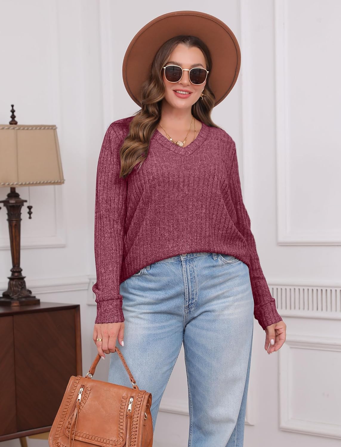 Women V Neck Long Sleeve Shirt Casual Fall Top Lightweight Tunic Sweater Clothes - Picture 102 of 128