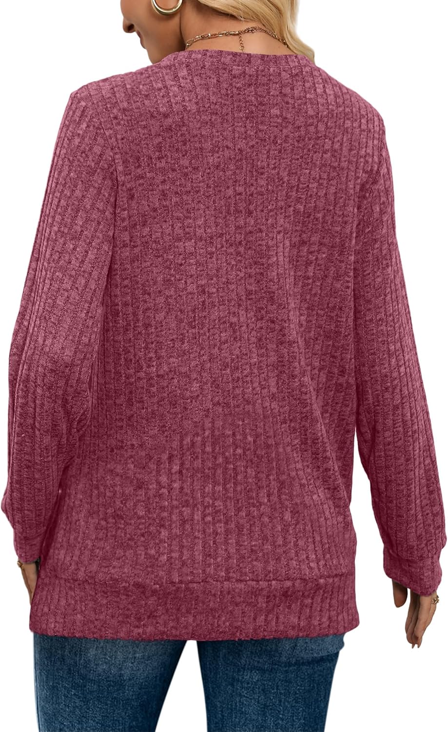 Women V Neck Long Sleeve Shirt Casual Fall Top Lightweight Tunic Sweater Clothes - Picture 103 of 128