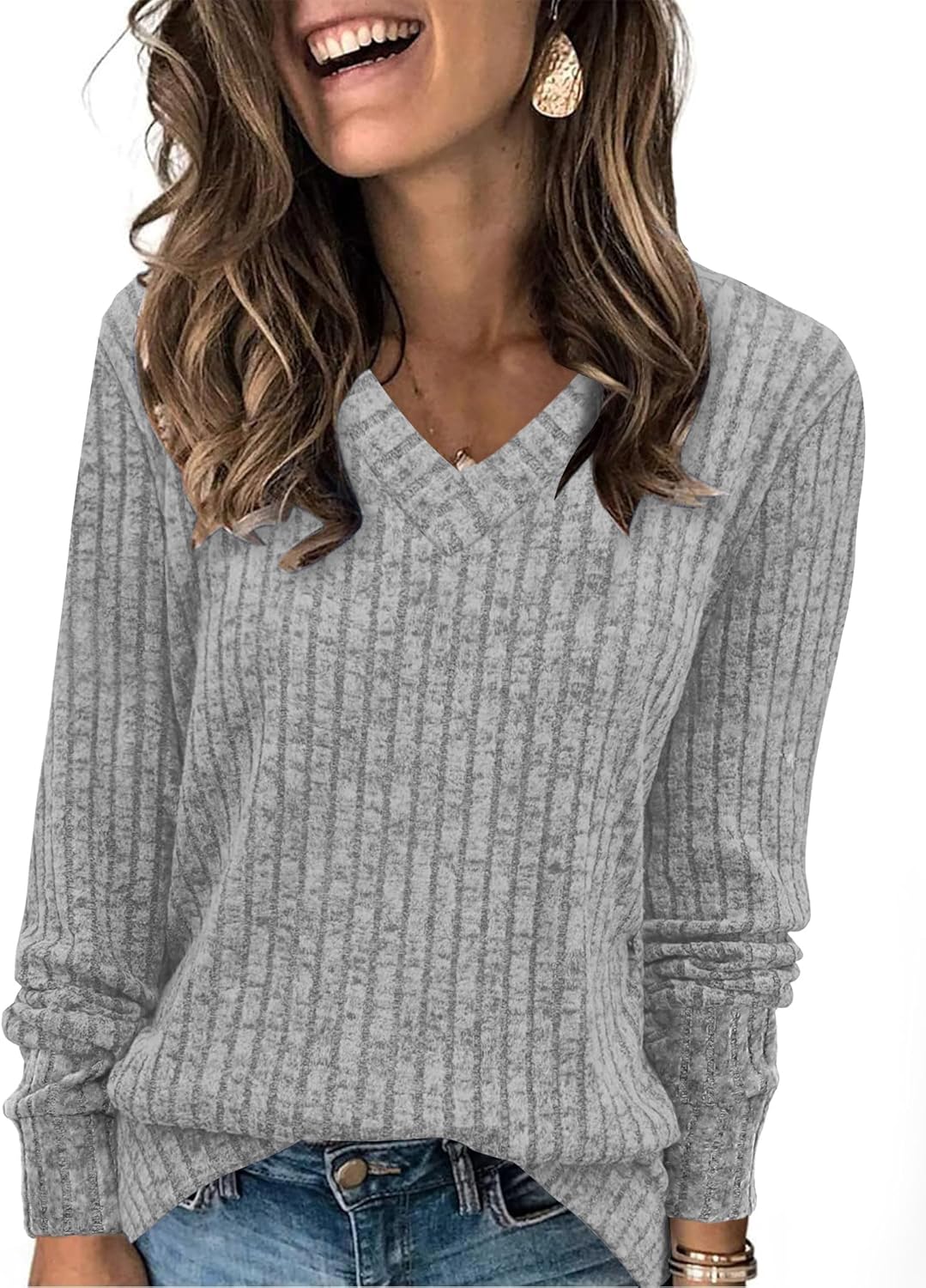 Women V Neck Long Sleeve Shirt Casual Fall Top Lightweight Tunic Sweater Clothes - Picture 104 of 128