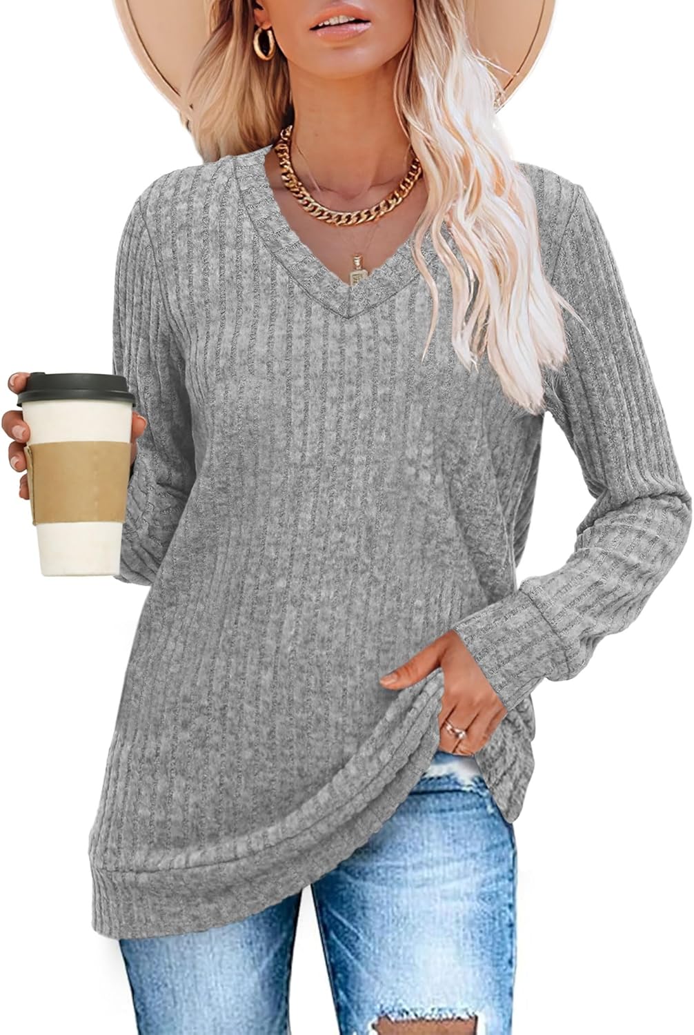 Women V Neck Long Sleeve Shirt Casual Fall Top Lightweight Tunic Sweater Clothes - Picture 106 of 128