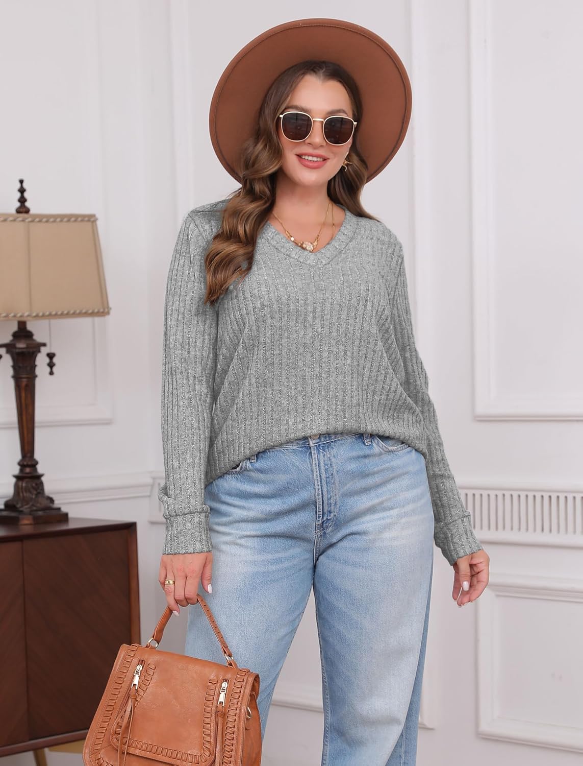Women V Neck Long Sleeve Shirt Casual Fall Top Lightweight Tunic Sweater Clothes - Picture 107 of 128