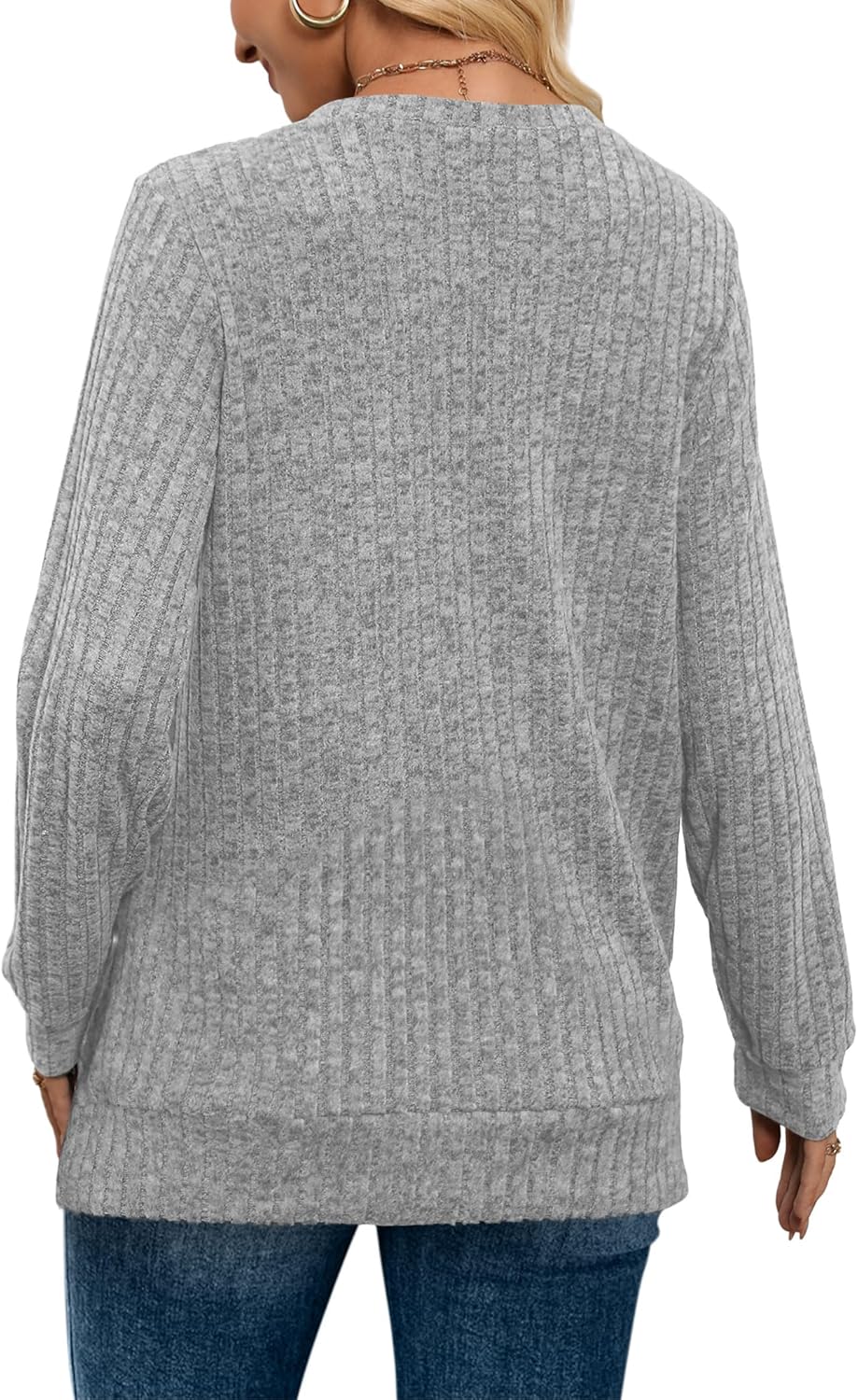 Women V Neck Long Sleeve Shirt Casual Fall Top Lightweight Tunic Sweater Clothes - Picture 108 of 128
