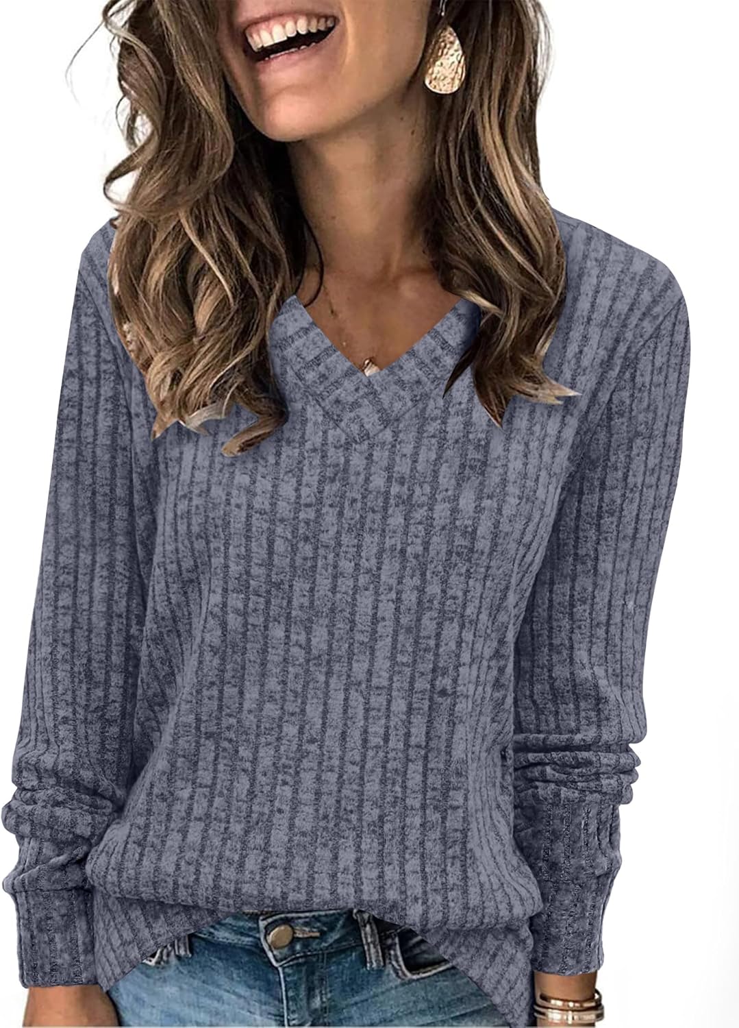 Women V Neck Long Sleeve Shirt Casual Fall Top Lightweight Tunic Sweater Clothes - Picture 109 of 128