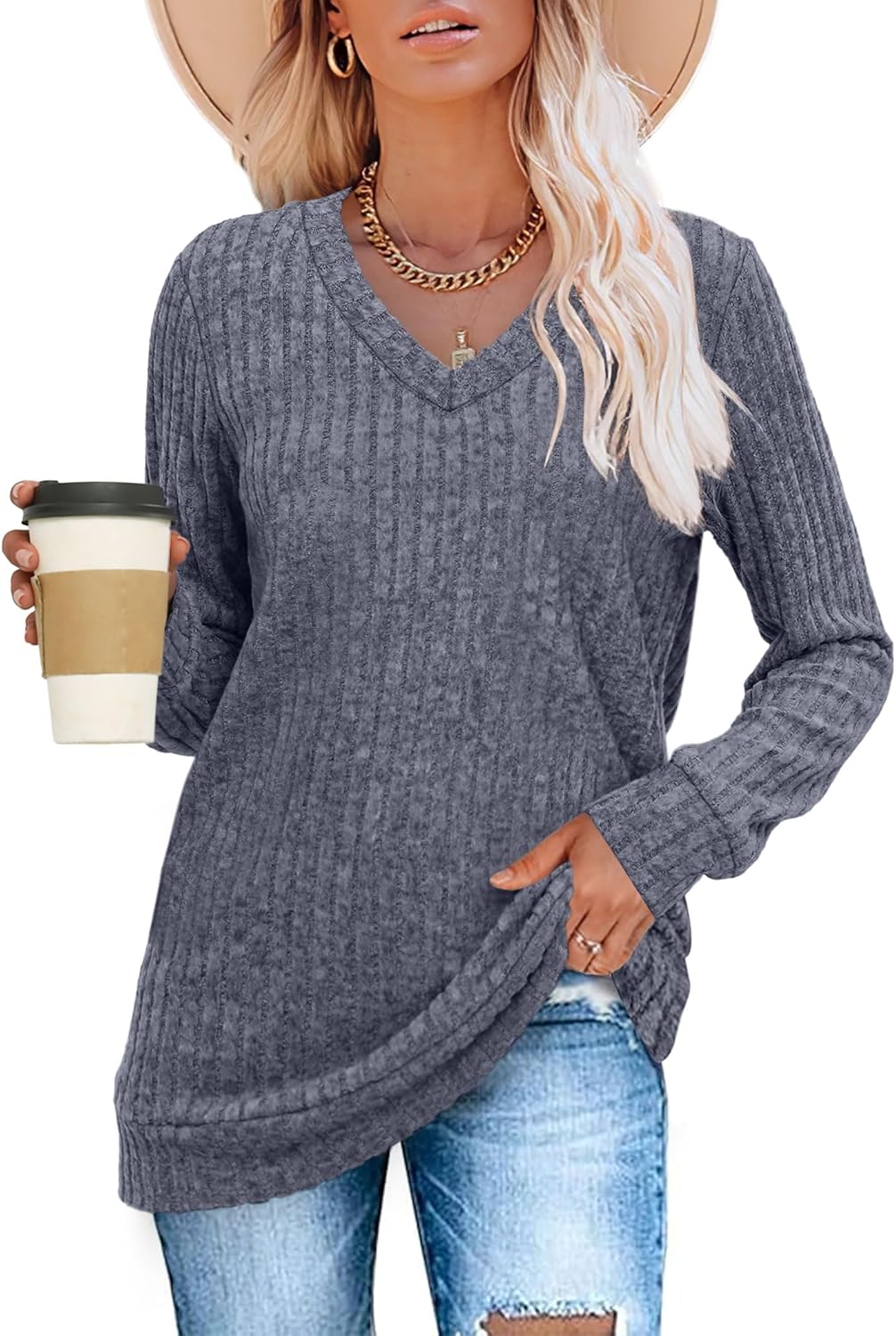 Women V Neck Long Sleeve Shirt Casual Fall Top Lightweight Tunic Sweater Clothes - Picture 111 of 128