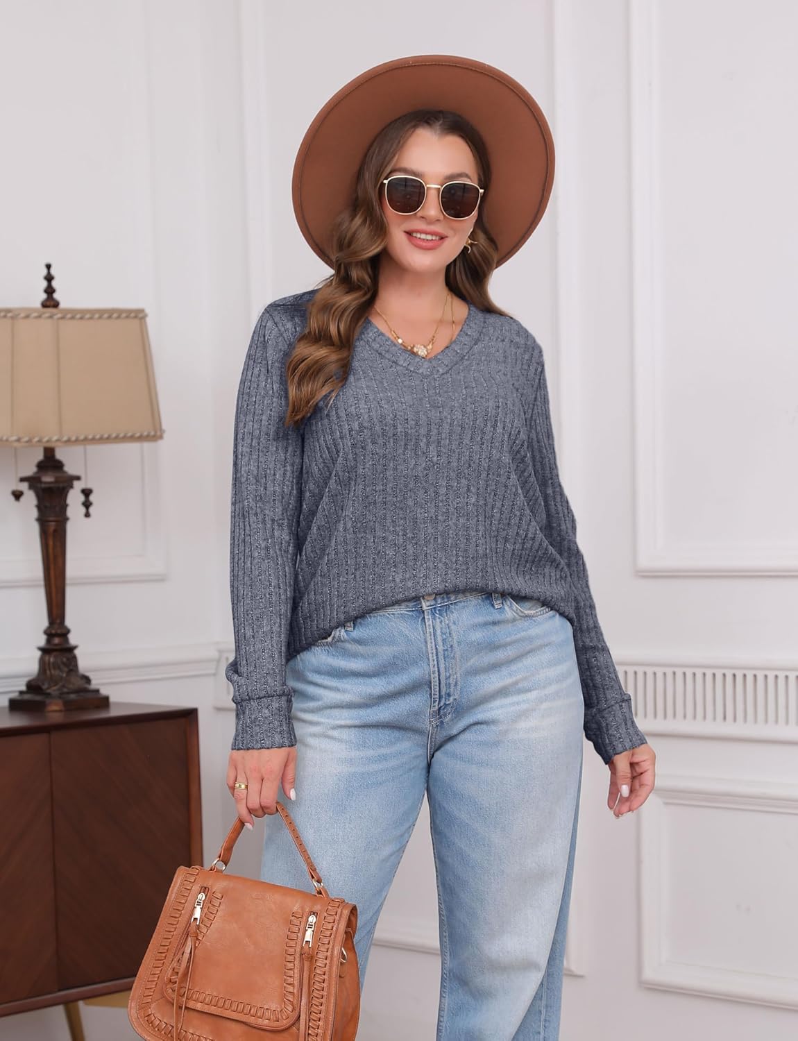 Women V Neck Long Sleeve Shirt Casual Fall Top Lightweight Tunic Sweater Clothes - Picture 112 of 128