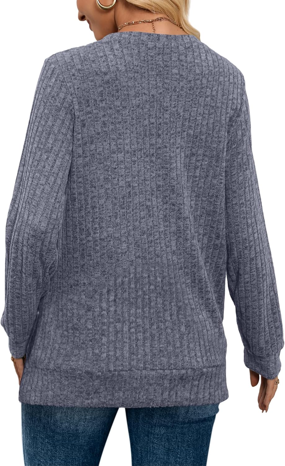 Women V Neck Long Sleeve Shirt Casual Fall Top Lightweight Tunic Sweater Clothes - Picture 113 of 128