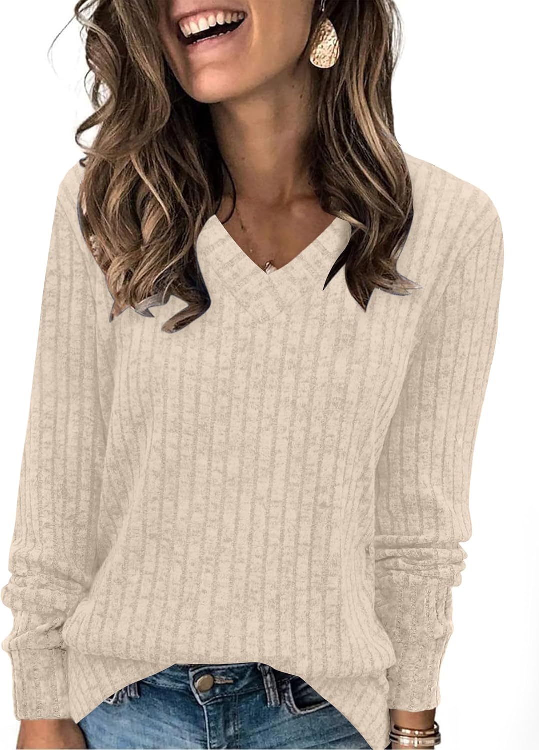 Women V Neck Long Sleeve Shirt Casual Fall Top Lightweight Tunic Sweater Clothes - Picture 114 of 128