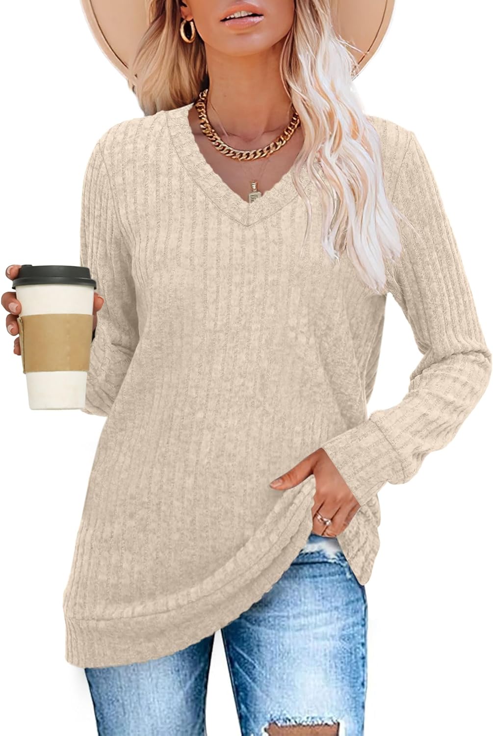 Women V Neck Long Sleeve Shirt Casual Fall Top Lightweight Tunic Sweater Clothes - Picture 116 of 128