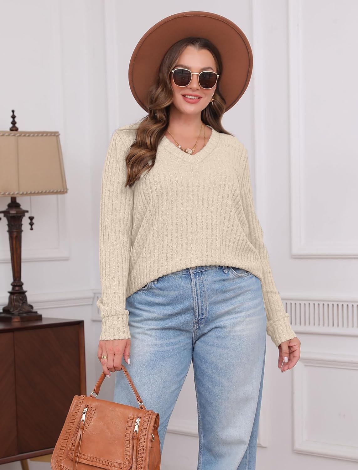 Women V Neck Long Sleeve Shirt Casual Fall Top Lightweight Tunic Sweater Clothes - Picture 117 of 128