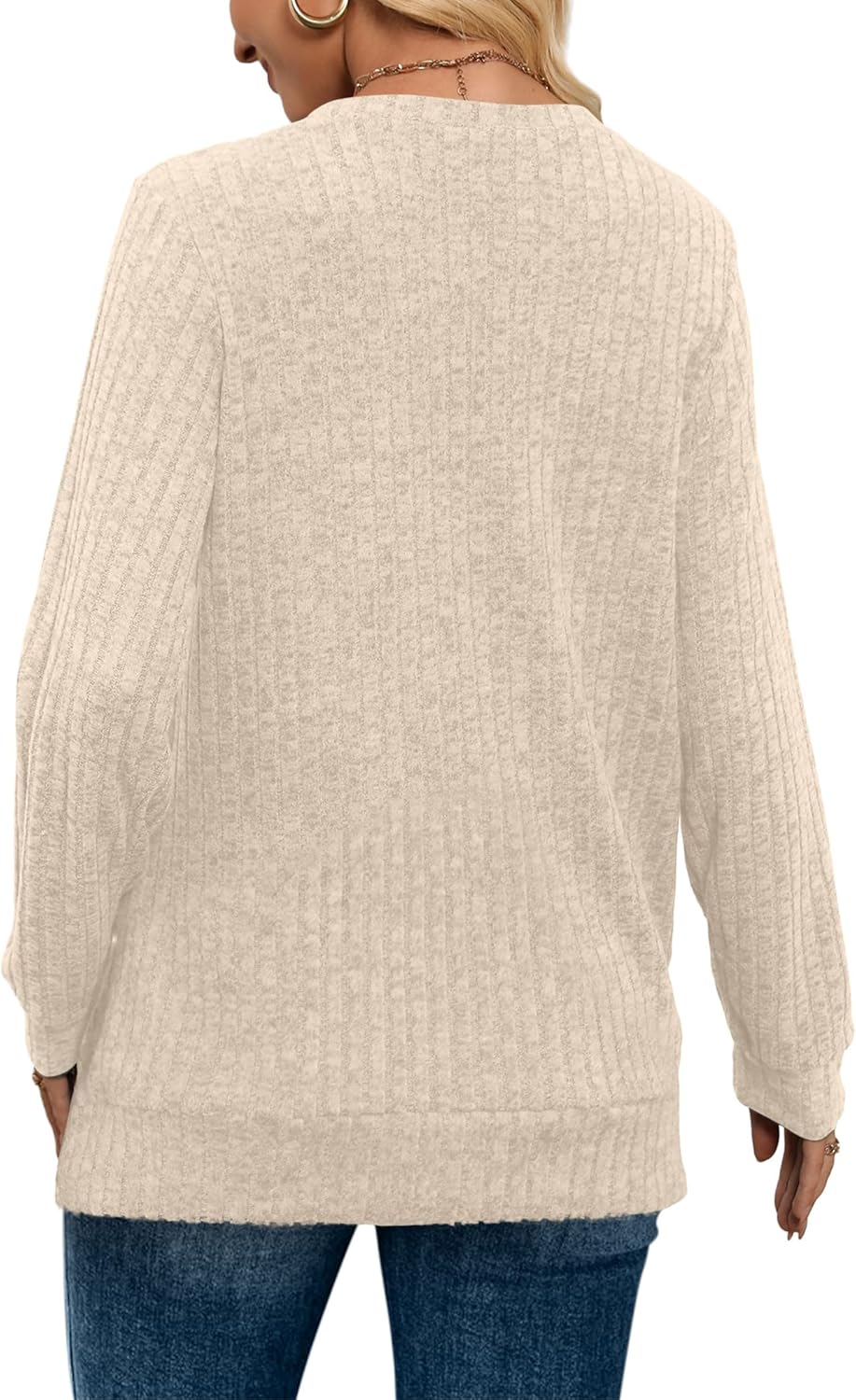 Women V Neck Long Sleeve Shirt Casual Fall Top Lightweight Tunic Sweater Clothes - Picture 118 of 128