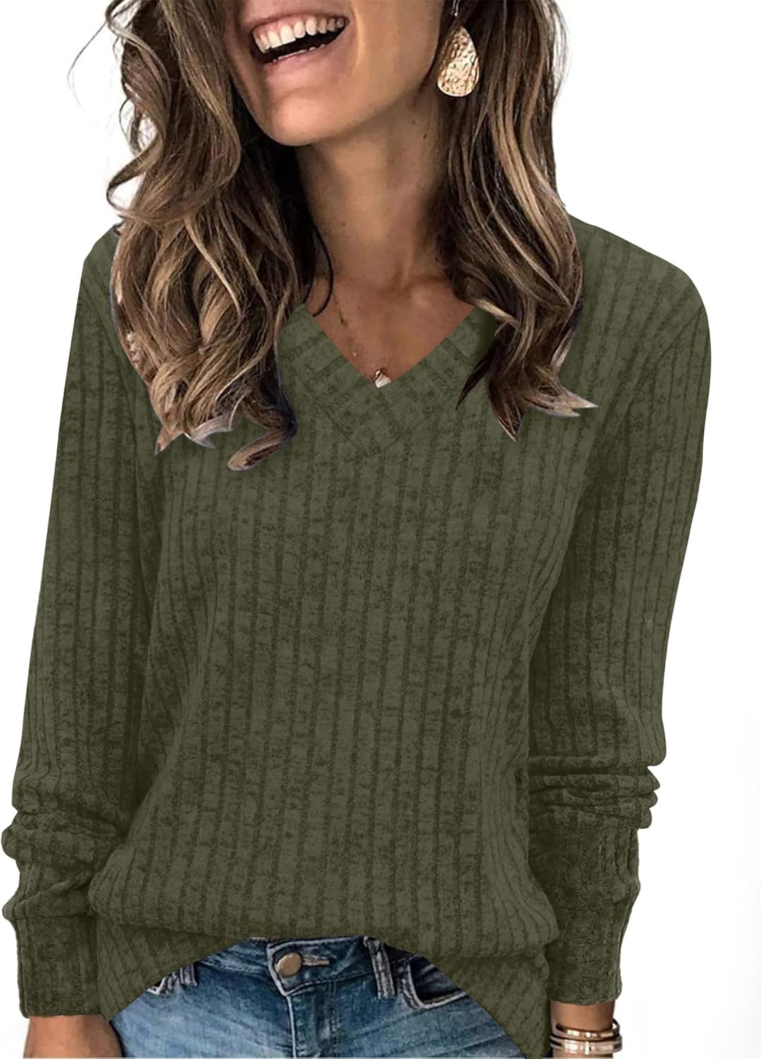 Women V Neck Long Sleeve Shirt Casual Fall Top Lightweight Tunic Sweater Clothes - Picture 119 of 128
