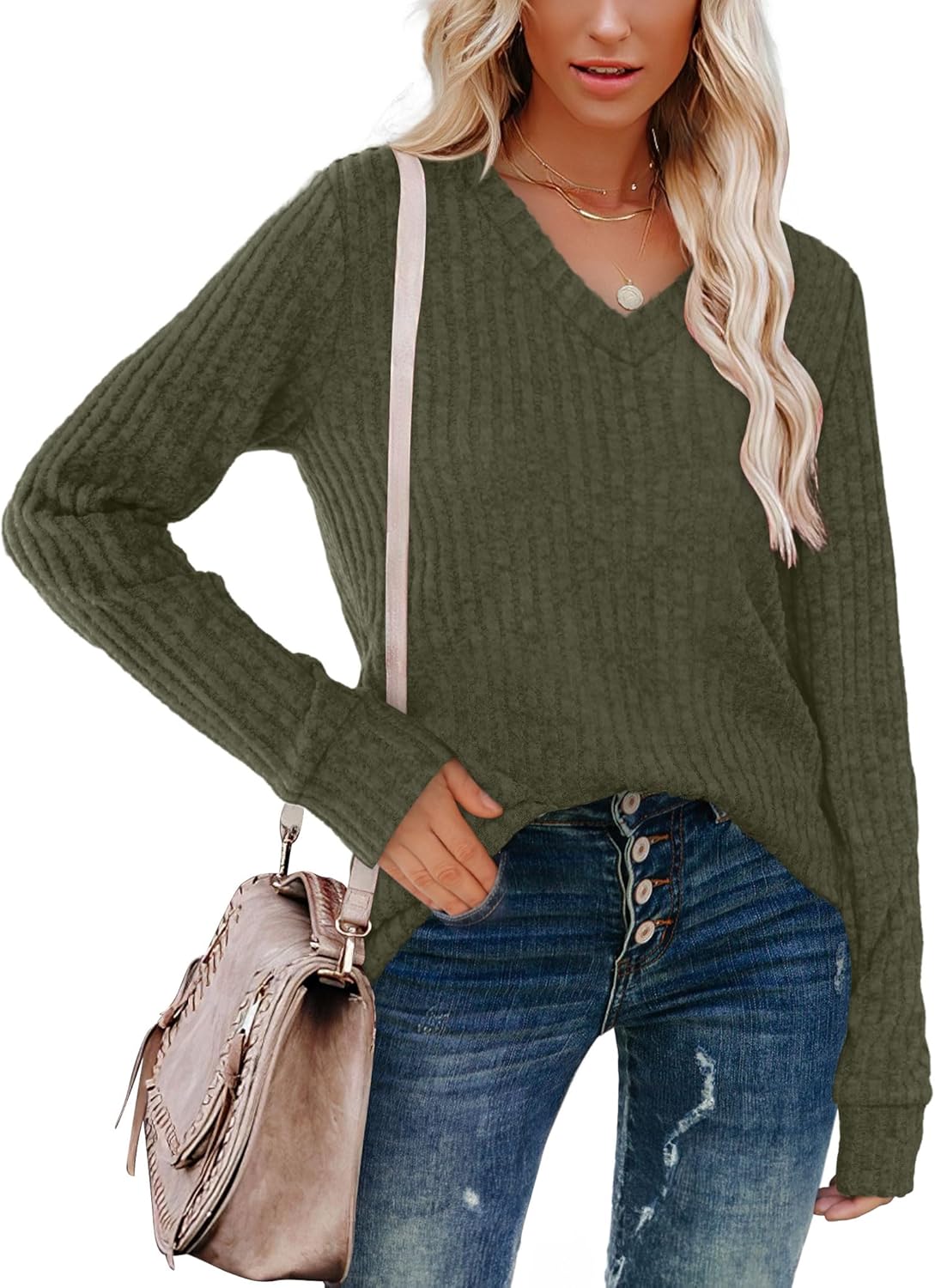 Women V Neck Long Sleeve Shirt Casual Fall Top Lightweight Tunic Sweater Clothes - Picture 120 of 128